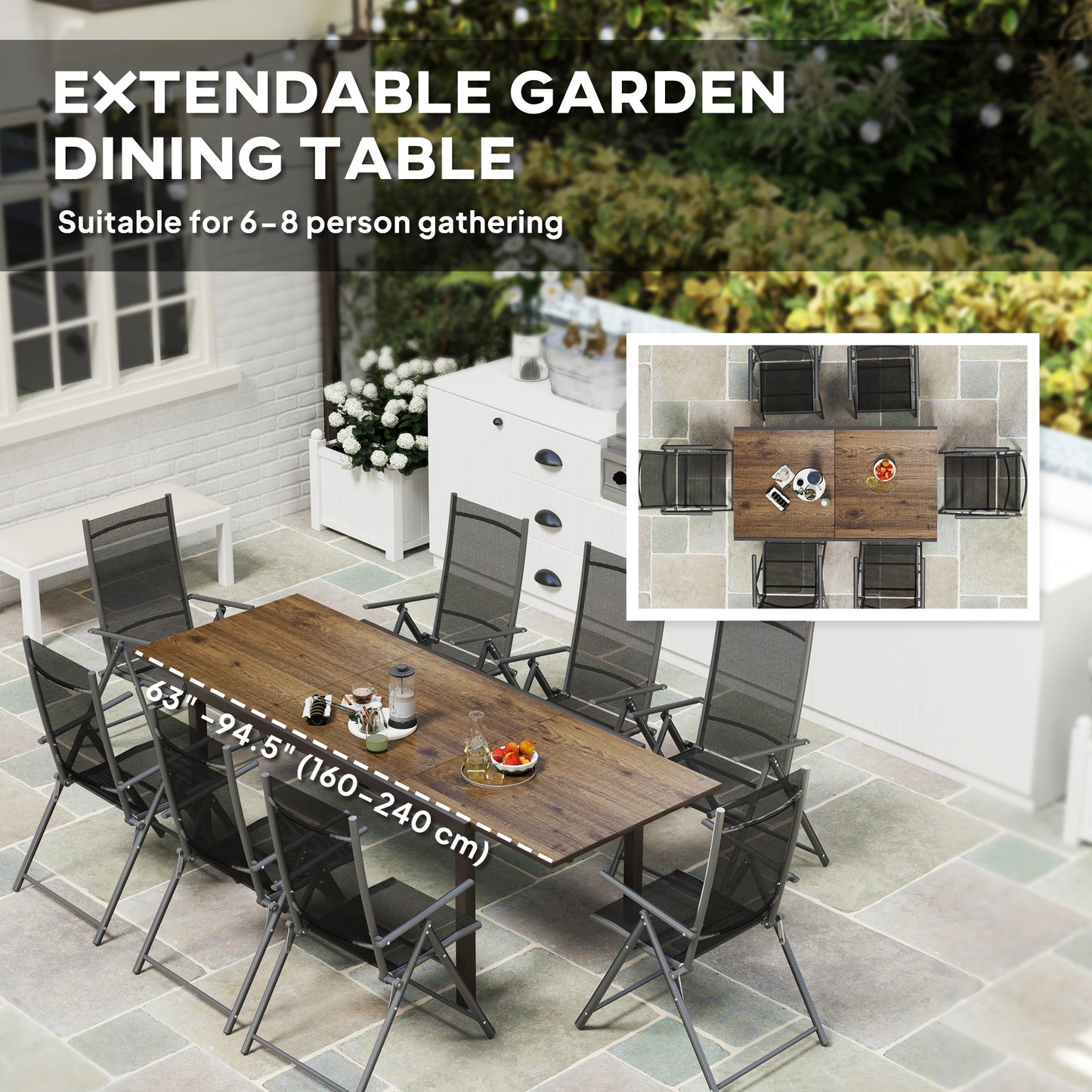 Outsunny 63"-94.5" Extendable Patio Dining Table for 6-8 Person, Outdoor Dining Table with Aluminium Edging, Steel Frame, Brown
