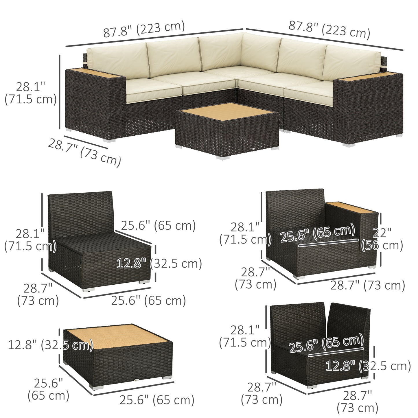 Outsunny 6 Pieces Outdoor Rattan Patio Furniture Set with Corner Sofa, Wood-Plastic Coffee Table, Navy Blue