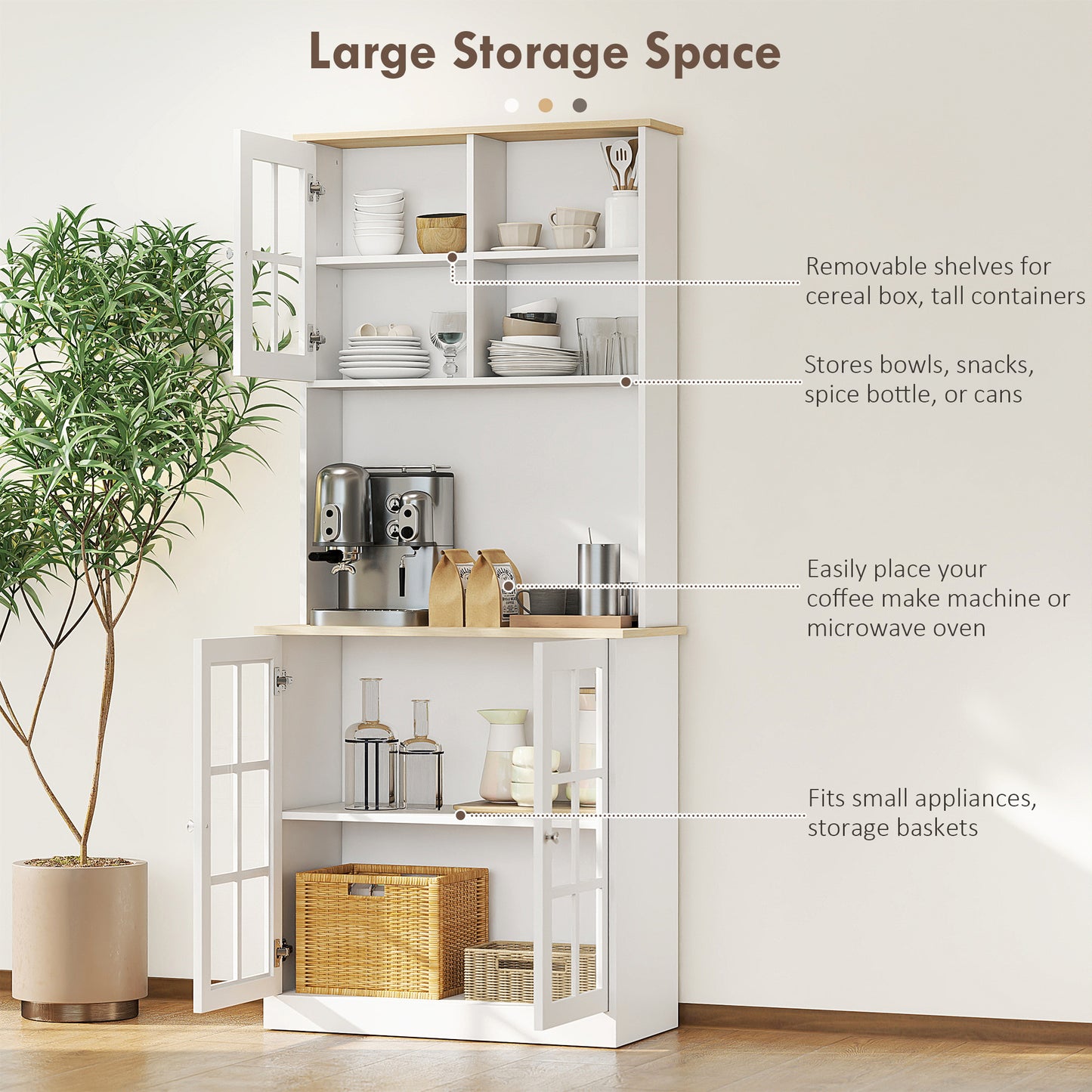 HOMCOM Kitchen Buffet with Hutch, Storage Pantry with 3 Cabinets, 2 Open Shelves and Large Countertop, Black