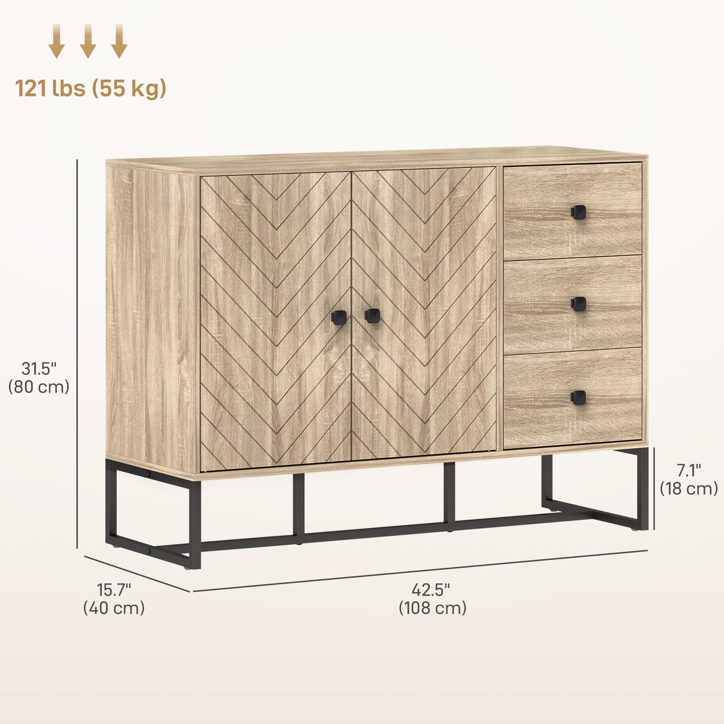 HOMCOM Modern Sideboard, 42.5" Buffet Cabinet with Adjustable Shelves and 3 Drawers, Coffee Bar Cabinet with 2 Doors, Oak
