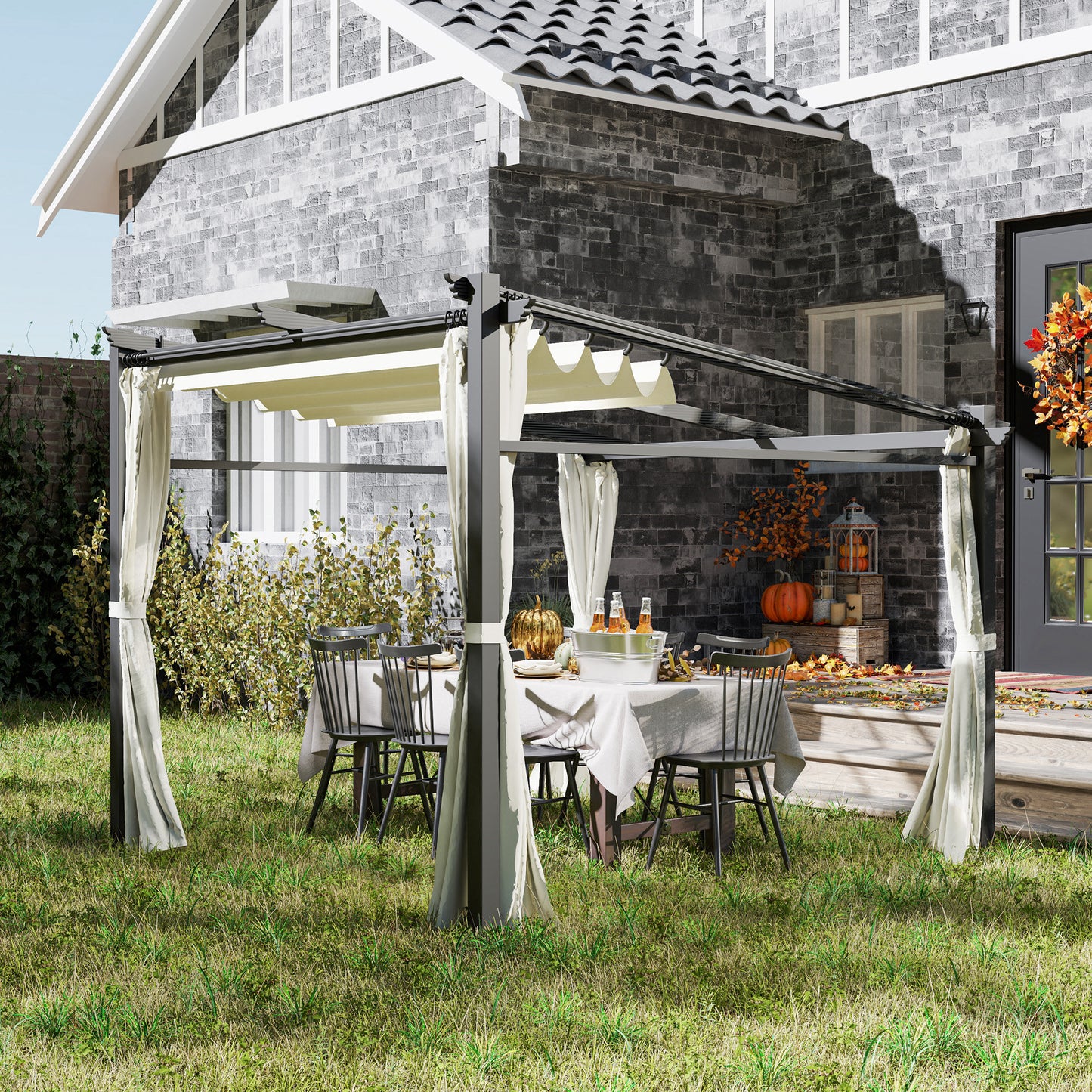 Outsunny Metal Pergola with Sliding Roof Canopy, Retractable Pergola Canopy, 10' x 10', Dark Grey