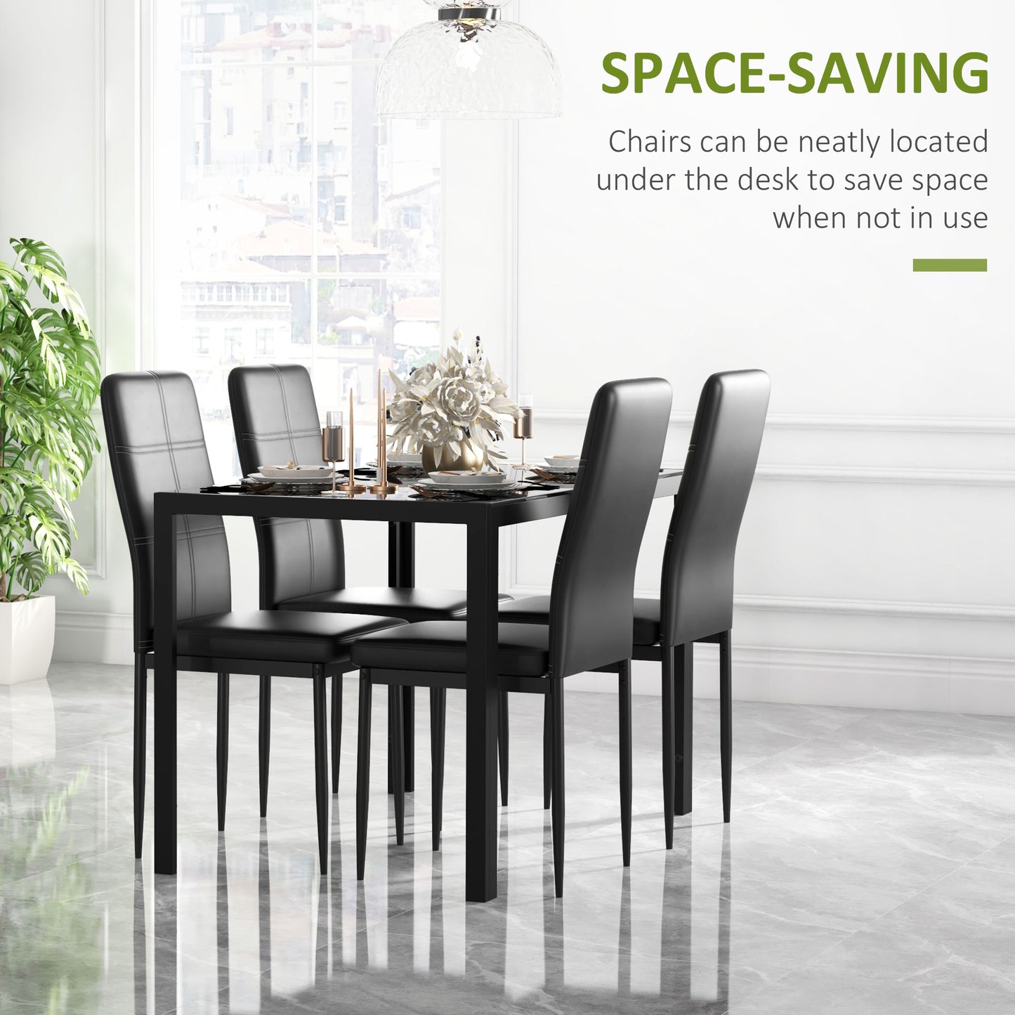 HOMCOM 5-Piece Rectangular Glass Kitchen Table and Chairs with Metal Frame and Faux Leather Upholstery for Dining Room, White