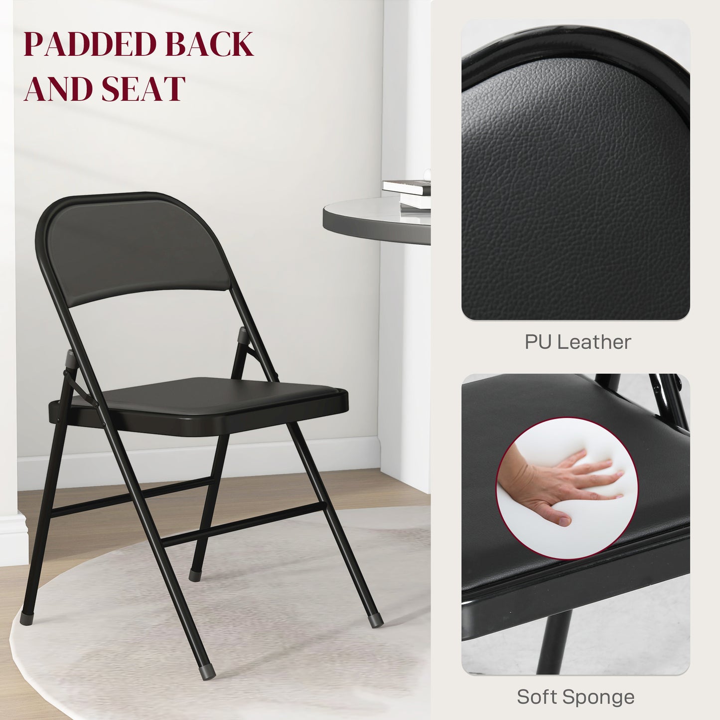 HOMCOM Set of 2 Metal Foldable Chairs, PU Leather Padded Folding Chairs with Cushion Seat and Open Back for Indoor, Black