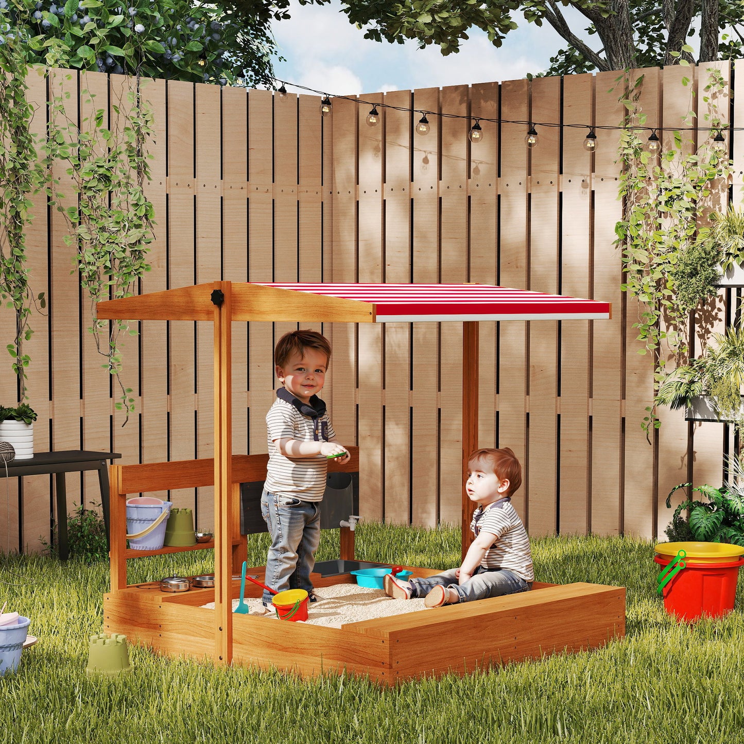 Outsunny Kids Sandbox with Cover Kitchen Playset Toys, Wooden Sand Box with Seat, Storage, for 3-7 Years Old, Grey