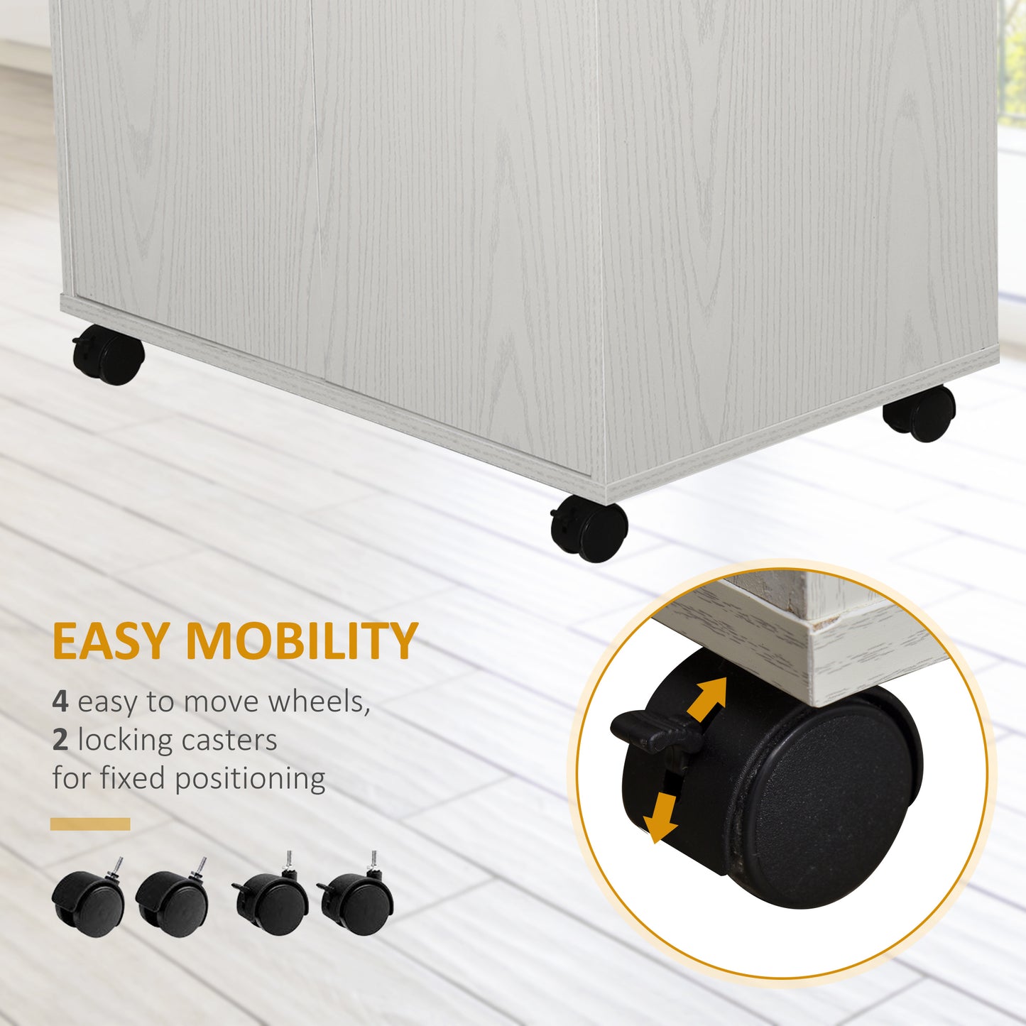 HOMCOM Microwave Cart on Wheels Utility Trolley Storage Sideboard Bookcase with 2-door Cabinet, White Oak