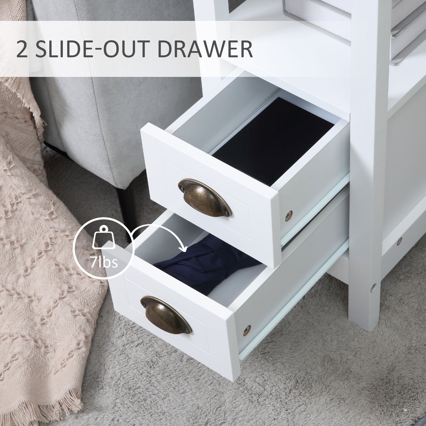 HOMCOM Slim End Table with 2 Drawers and Storage Shelf, Sofa Side Table for Living Room, Narrow Nightstand, White