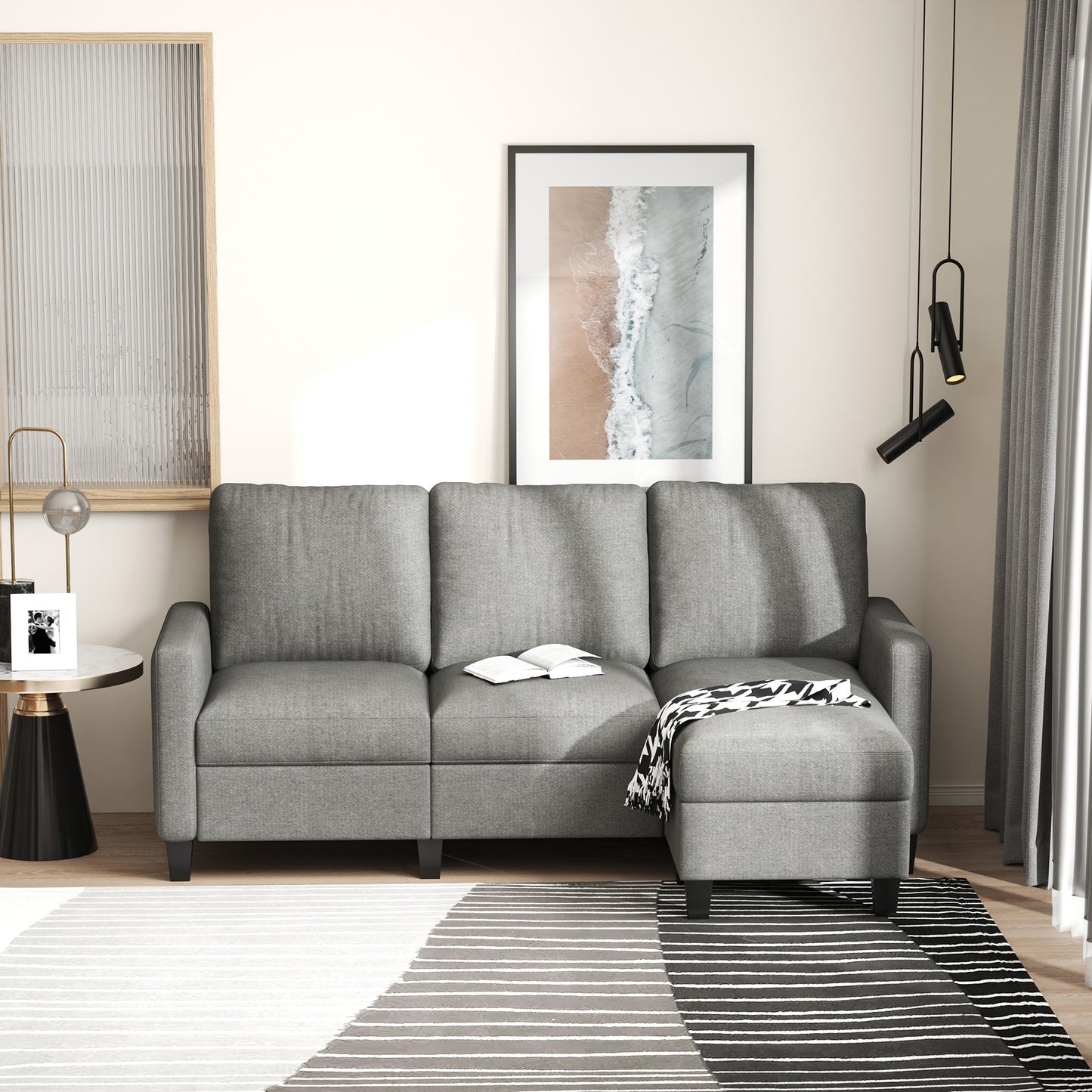HOMCOM L-Shape Sofa, Modern Sectional Couch with Ottoman, Corner Sofa for Living Room, Light Grey