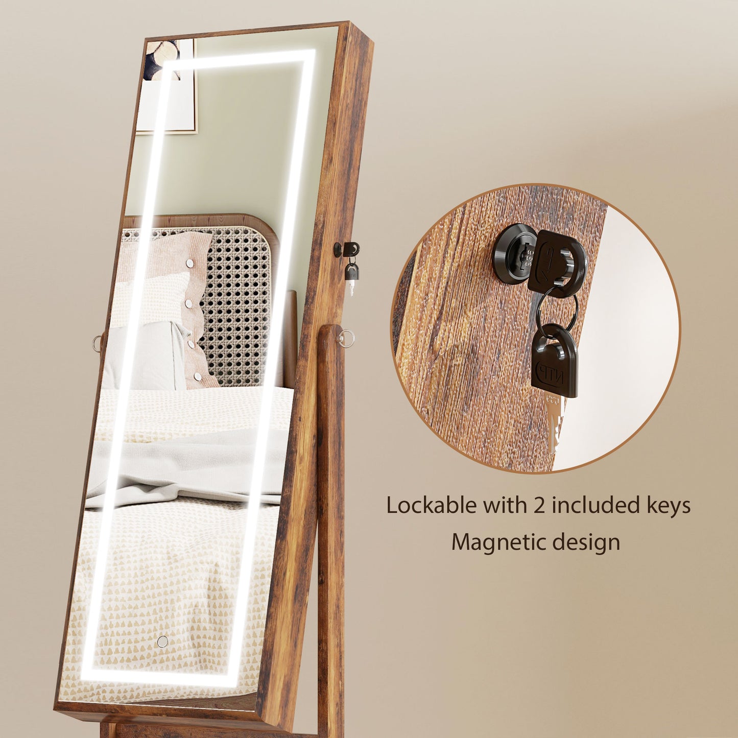 HOMCOM Lockable Jewelry Armoire with LED Light, Standing Mirror with Storage for Bedroom Dressing Room, Rustic Brown