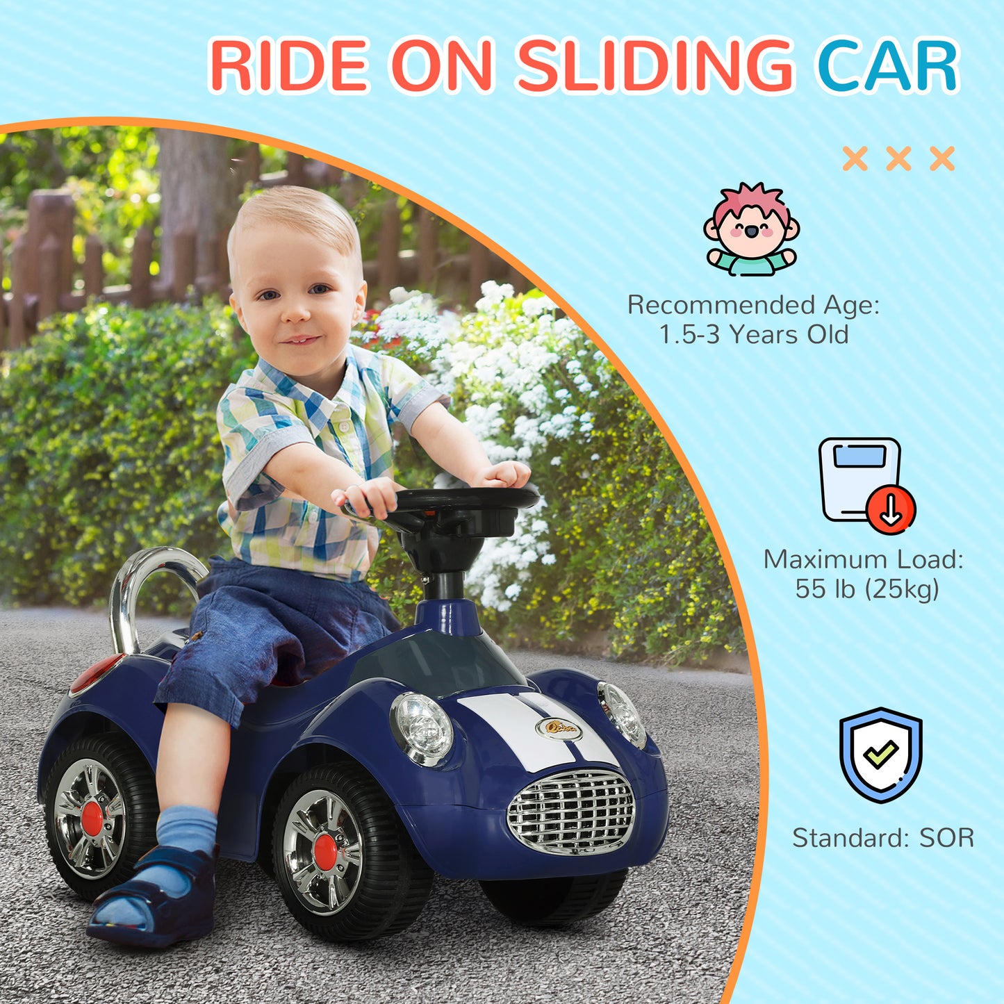 Qaba Baby Push Car with Music, Horn, Light, Dark Blue