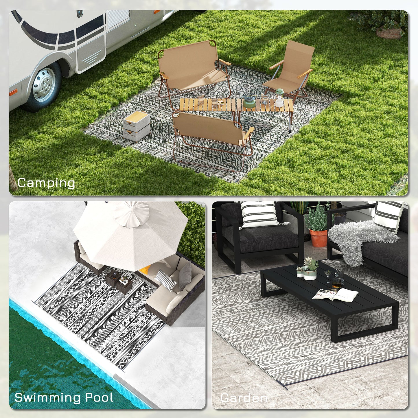 Outsunny Reversible Outdoor Rug Waterproof Plastic Straw RV Rug with Carry Bag, 9' x 12', Grey and Cream White Boho