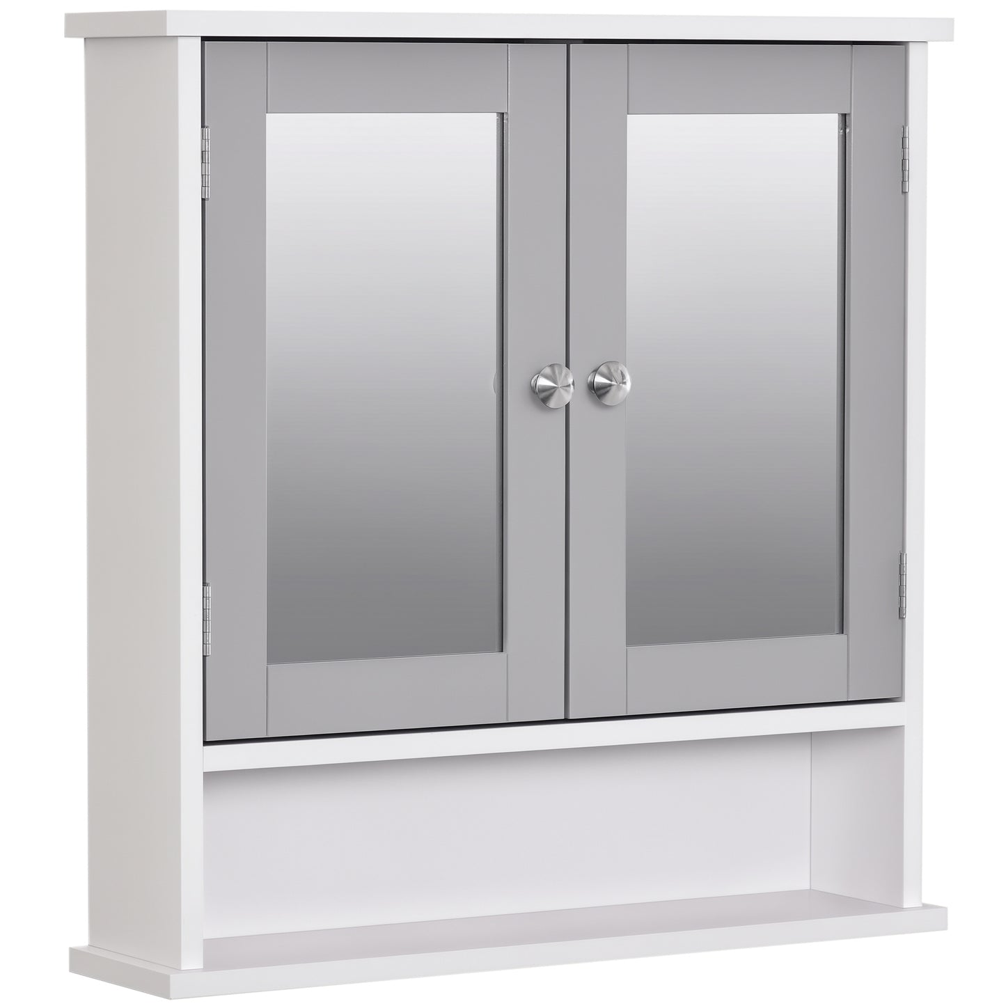 kleankin Medicine Cabinet, Wall-Mounted Bathroom Mirror Cabinet with Double Doors, Open Shelf, and Adjustable Shelf, Modern Bathroom Wall Cabinet, White and Grey