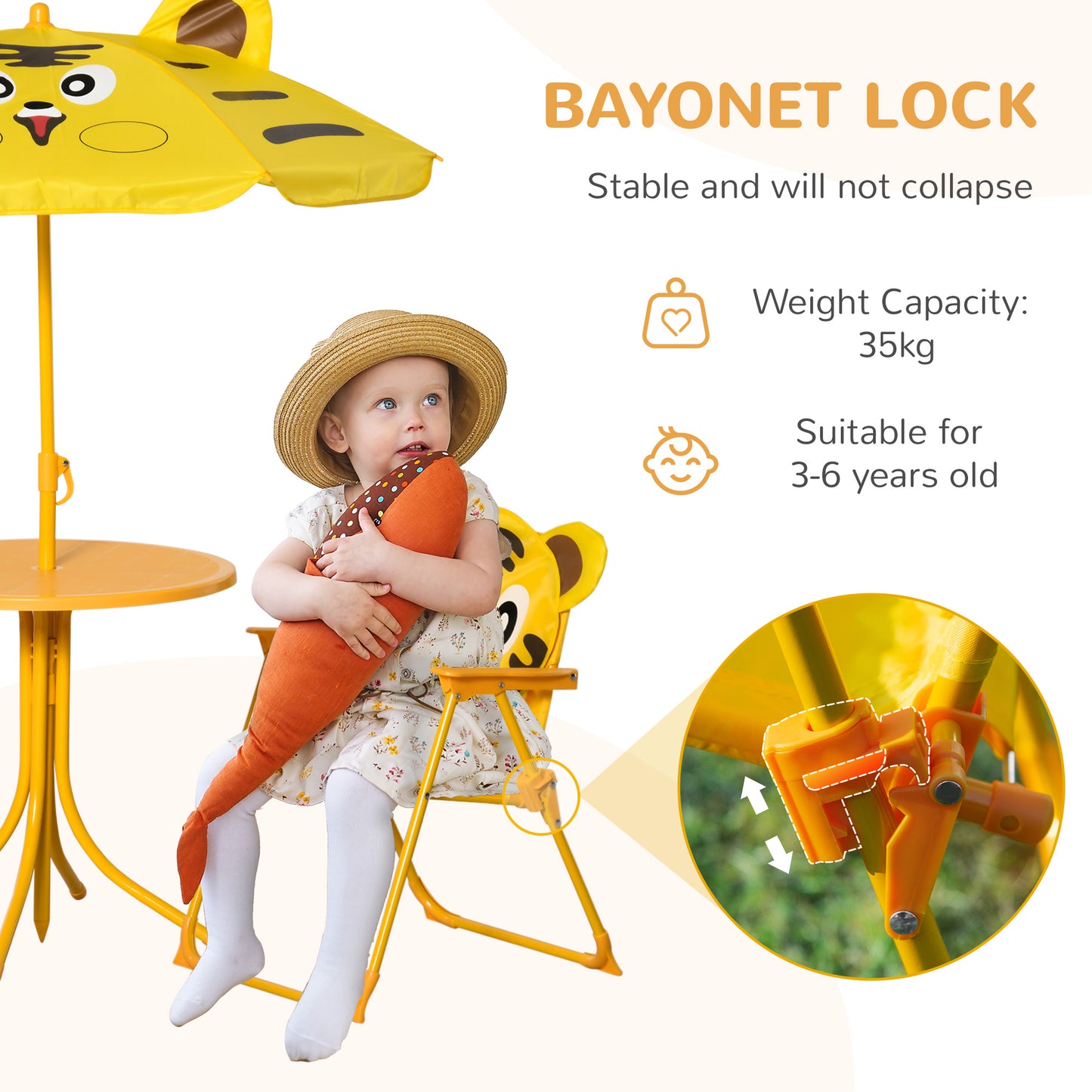 Outsunny Kids Folding Picnic Table and Chair Set Pattern Outdoor Garden Patio Backyard with Removable & Height Adjustable Sun Umbrella Brown