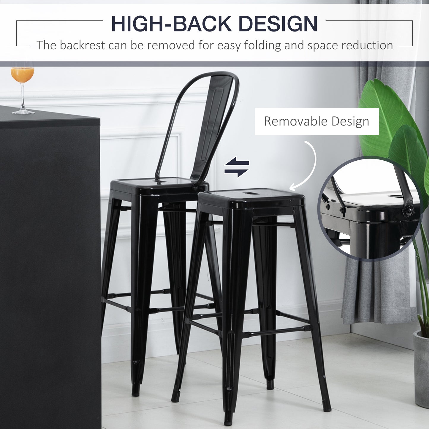 HOMCOM Set of 4 Bar Stools Kitchen Industrial Breakfast Bistro Cafe Metal Frame Black