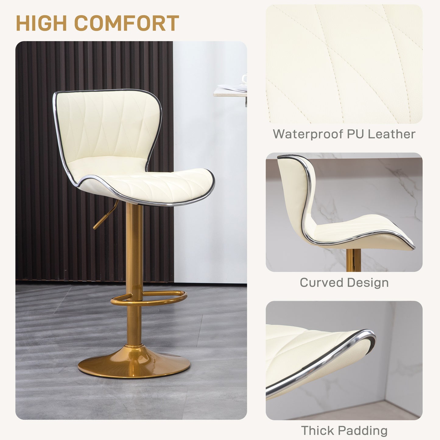 HOMCOM Counter Height Bar Stools Set of 2, Adjustable Height Bar Chairs with Swivel Seat, PU Leather Upholstery