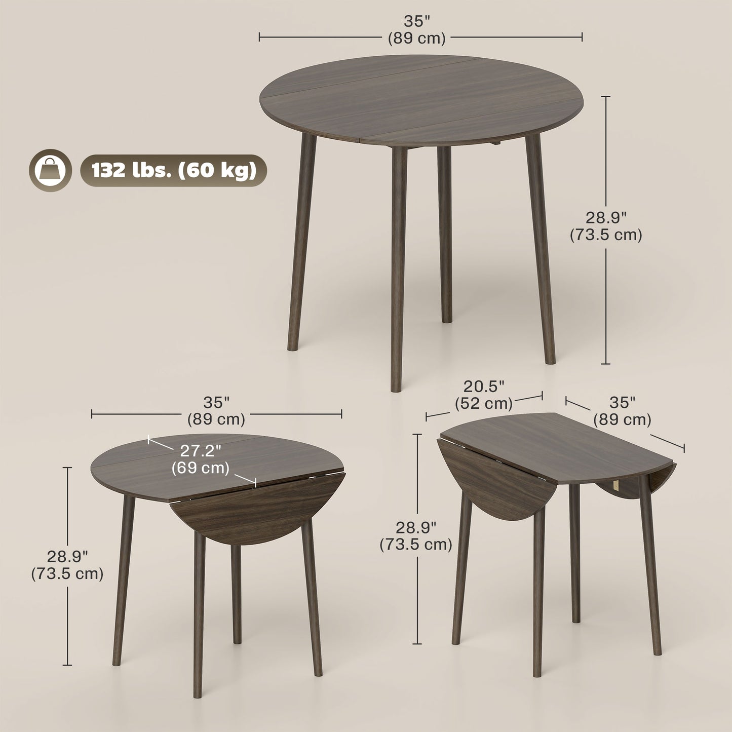 HOMCOM Folding Dining Table, Round Drop Leaf Kitchen Table for Small Spaces with Wood Legs, Distressed Grey