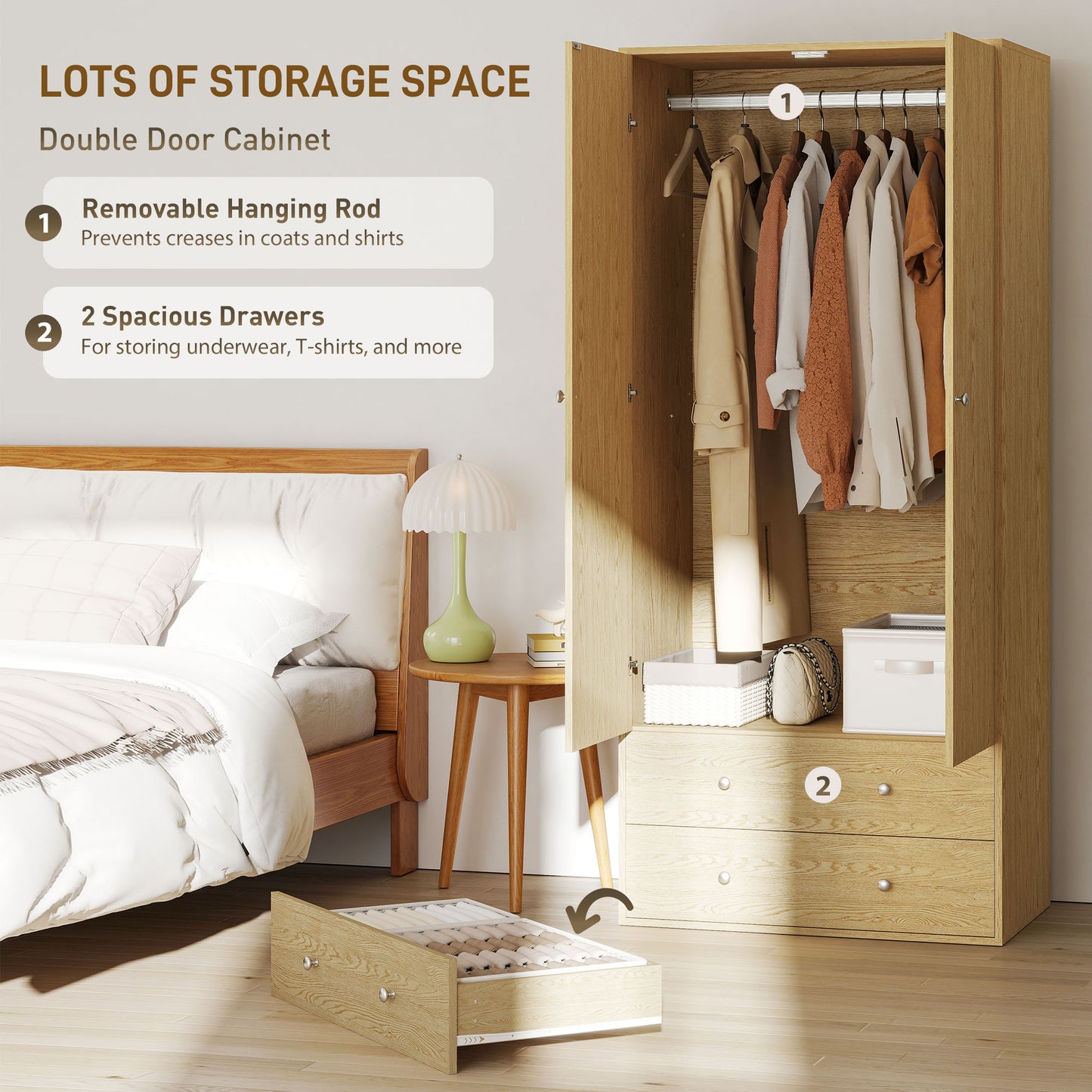 HOMCOM Modern Wardrobe Closet Armoire with 2 Drawers and Hanging Rod, Clothes Storage Organizer for Bedroom, Natural Wood