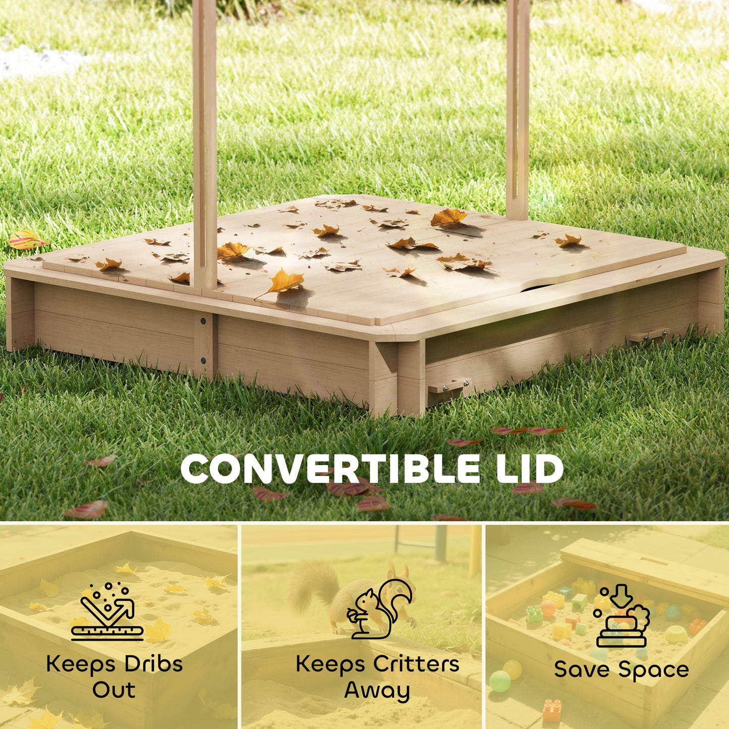 Outsunny Kids Wooden Sandbox Outdoor Backyard Playset Children Play Station w/ Adjustable Canopy & Convertible Bench Sand for 3-7 Years Old