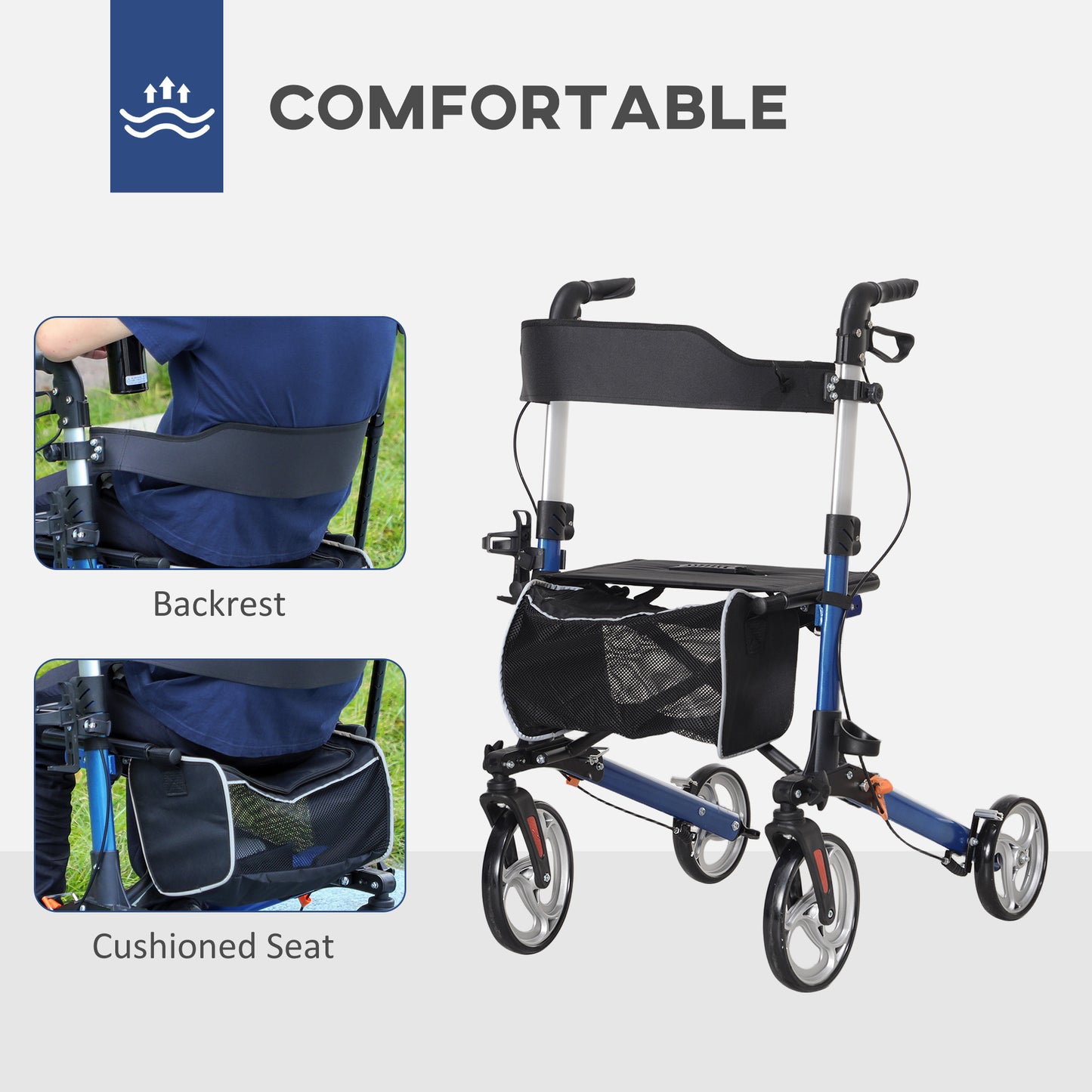 HOMCOM Lightweight Folding Rolling Walker with Large Seat, Back, Adjustable Handle, Bag, Dual Brake, Cane Holder, Red