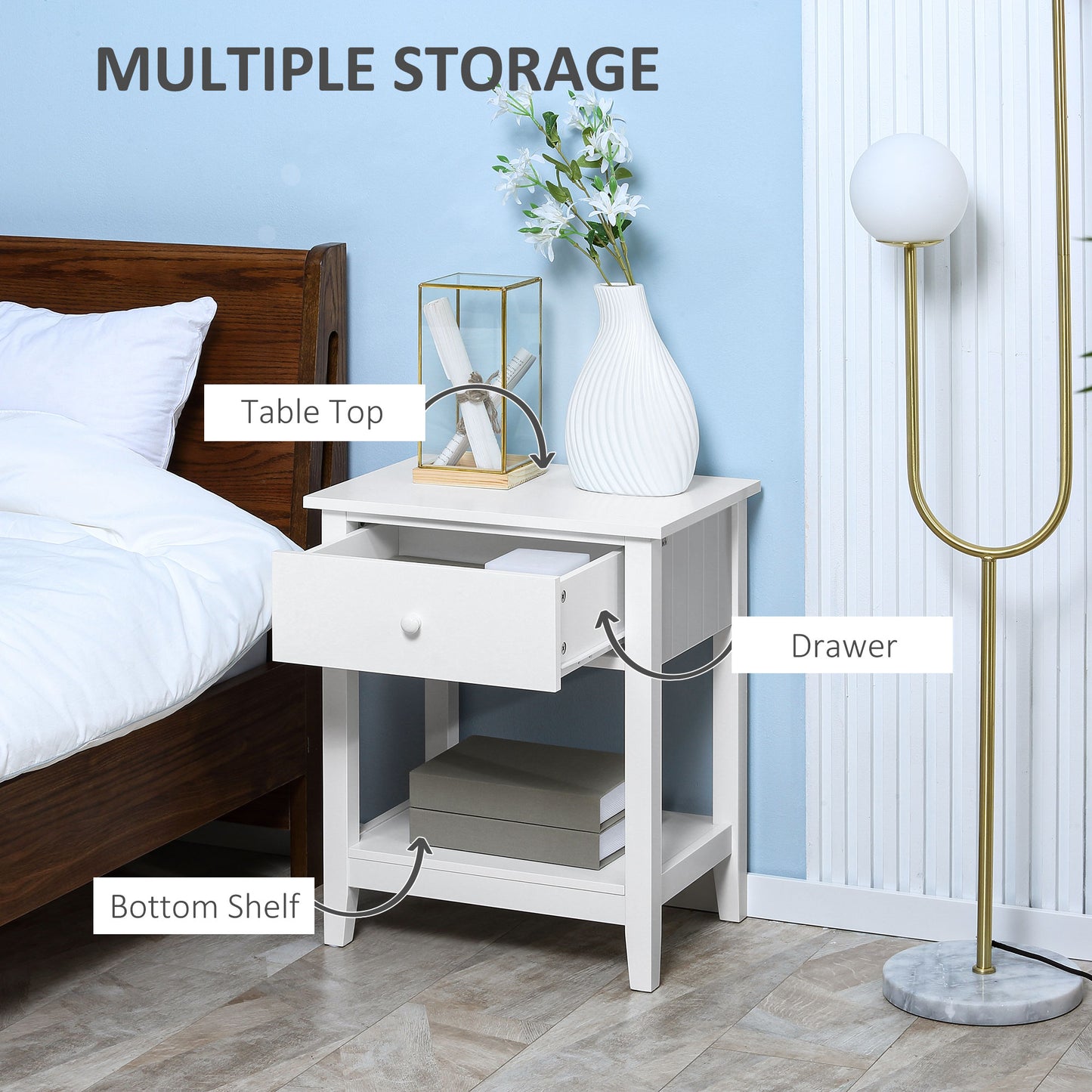 HOMCOM Modern Style Nightstand, Small End Table with Drawer and Storage Shelf for Bedroom, Living Room, White
