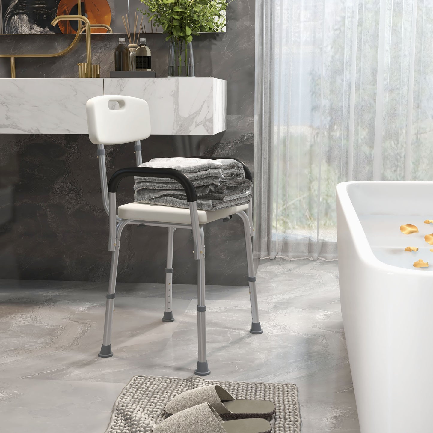 HOMCOM Bath Chair with Back, Adjustable Height Non-slip Shower Stool Bench Tool-Free Assembly Bathroom Aids, White