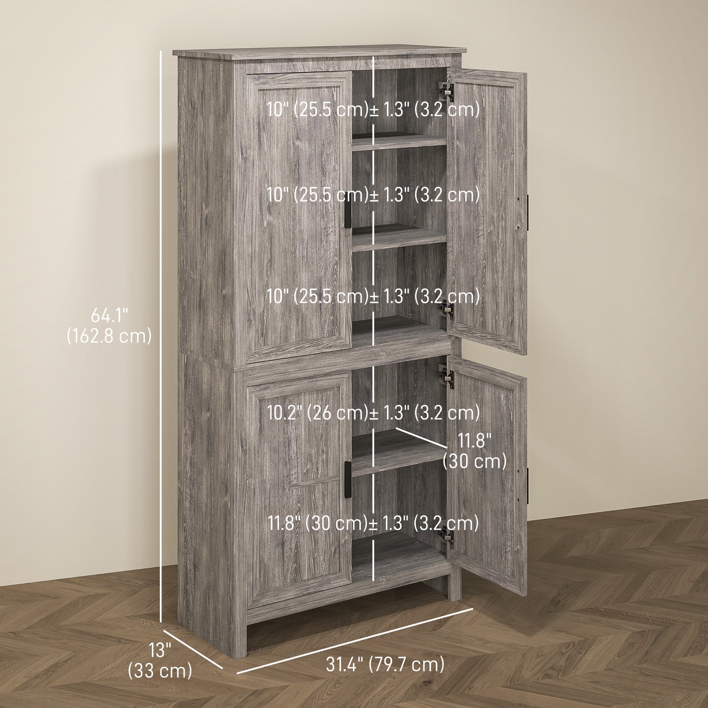 HOMCOM 64" Kitchen Pantry Cabinet, Freestanding Storage Cabinet with 4 Doors, 3 Adjustable Shelves, Antique White