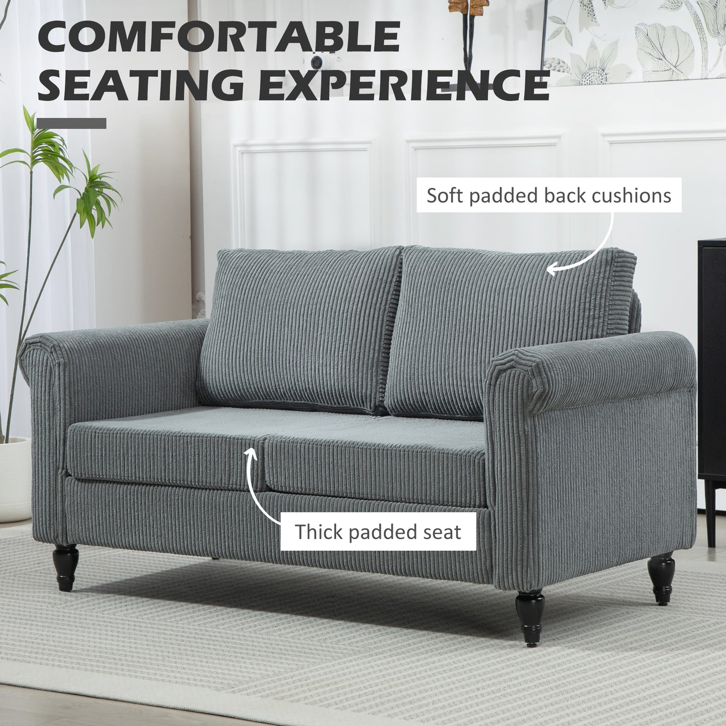 HOMCOM Vintage Loveseat, Upholstered Love Seat Furniture, Chenille-feel Fabric 2 Seater Sofa Couch with Rolled Arms, Gourd-Shaped Rubber Wood Legs for Living Room, Dark Grey