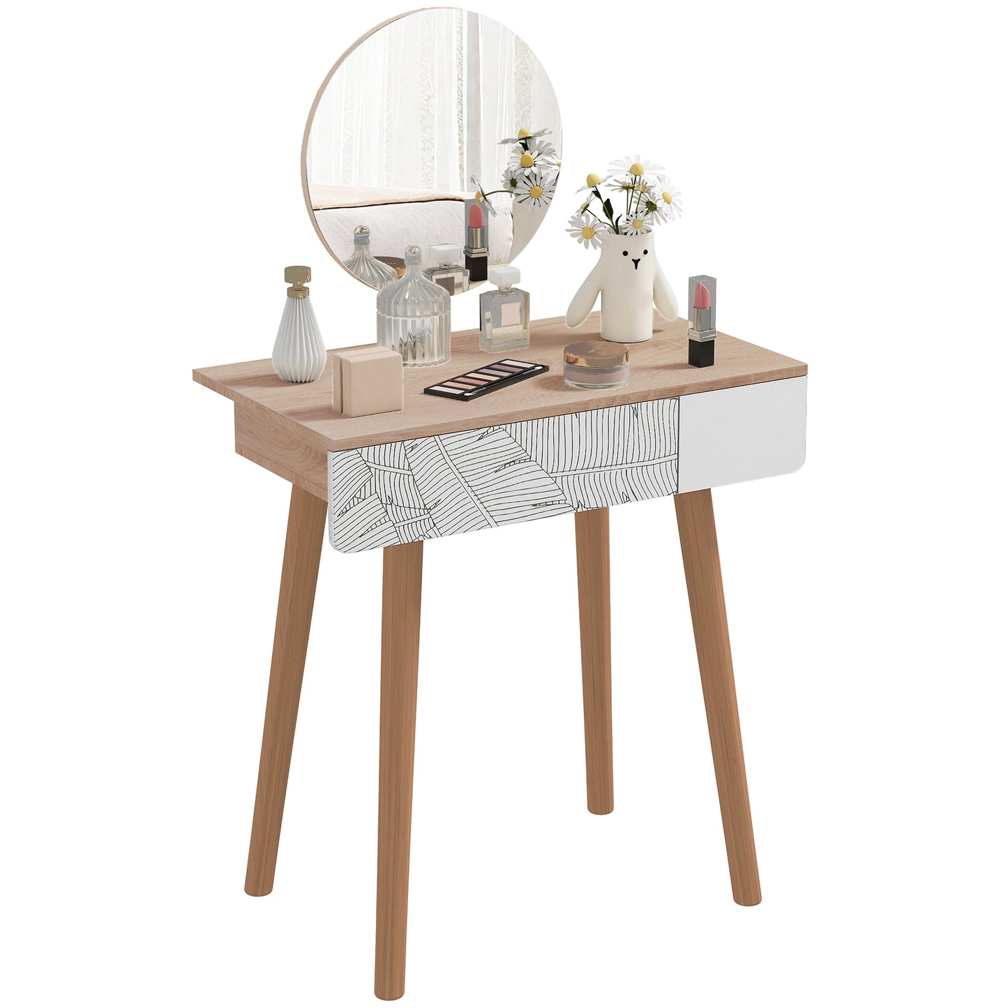 HOMCOM Vanity Desk with Mirror, Makeup Vanity with Drawer and Height Adjustable Mirror, Dressing Table with Wood Legs for Bedroom, Oak