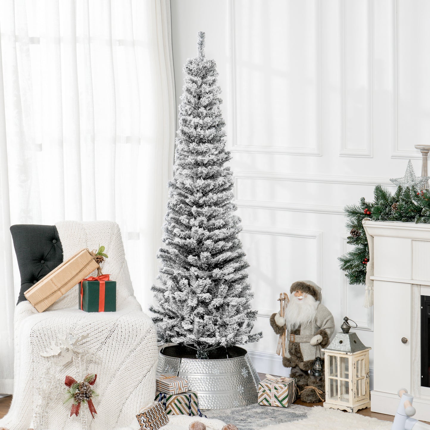 HOMCOM 7.5ft Flocked Christmas Tree, Pencil Christmas Tree with Realistic Branch Tips, Folding Metal Stand, Green