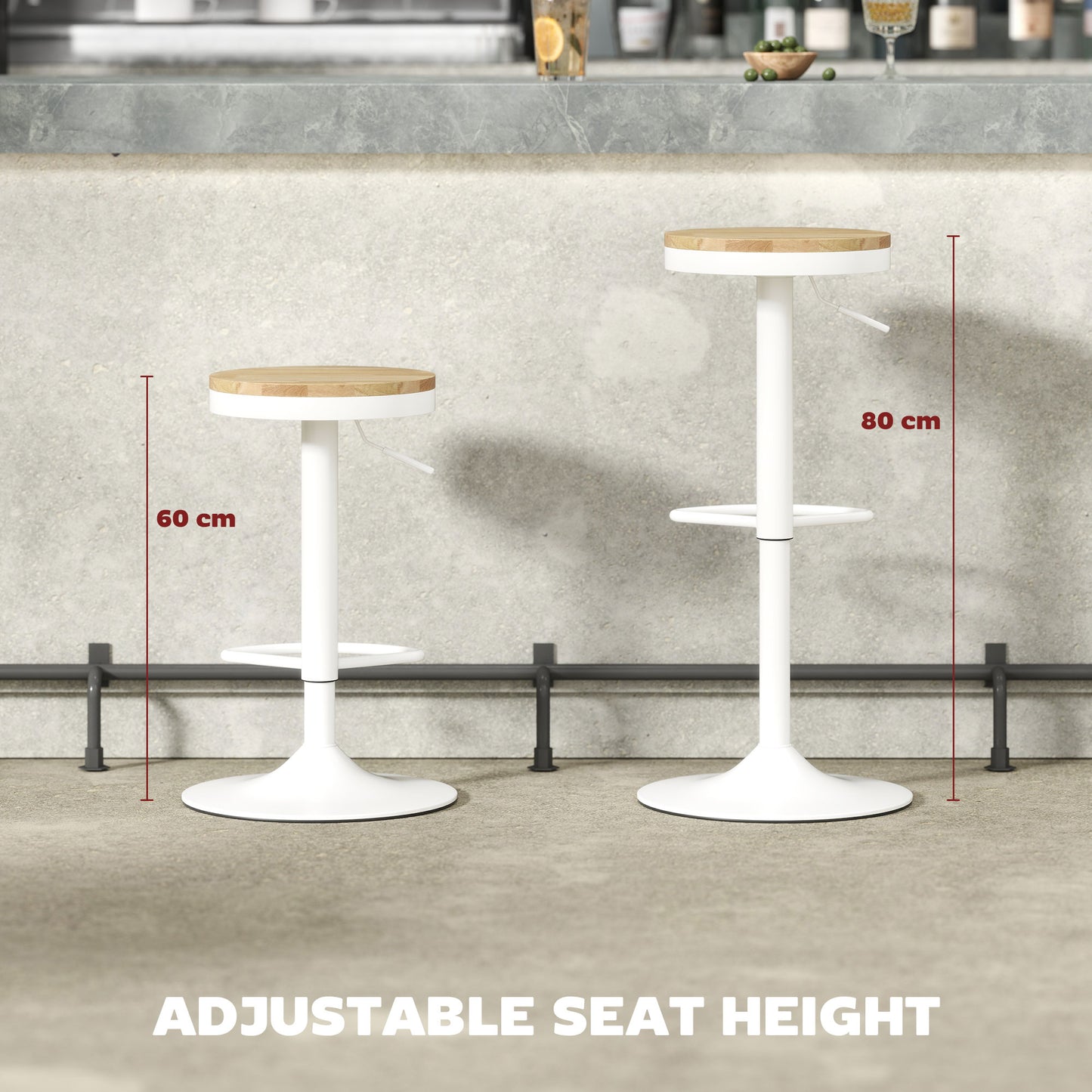 HOMCOM Wood Barstools Set of 2, Swivel Bar Stools with Adjustable Height for Kitchen Counter, Natural Wood and White