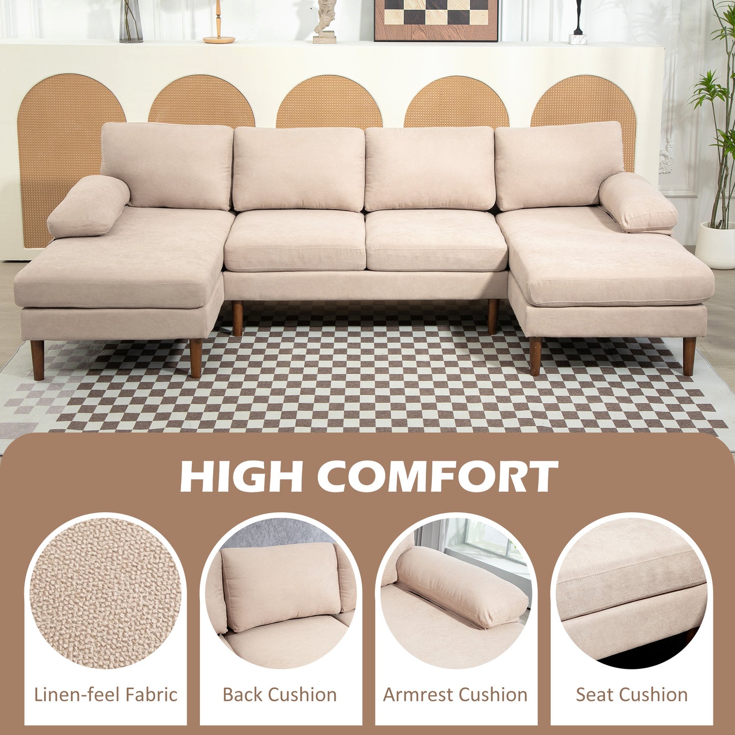 HOMCOM U Shape Couch with Double Chaise Lounge, Modern 4 Seater Sofa with Wooden Legs, Fabric Sofa for Living Room, Dark Grey