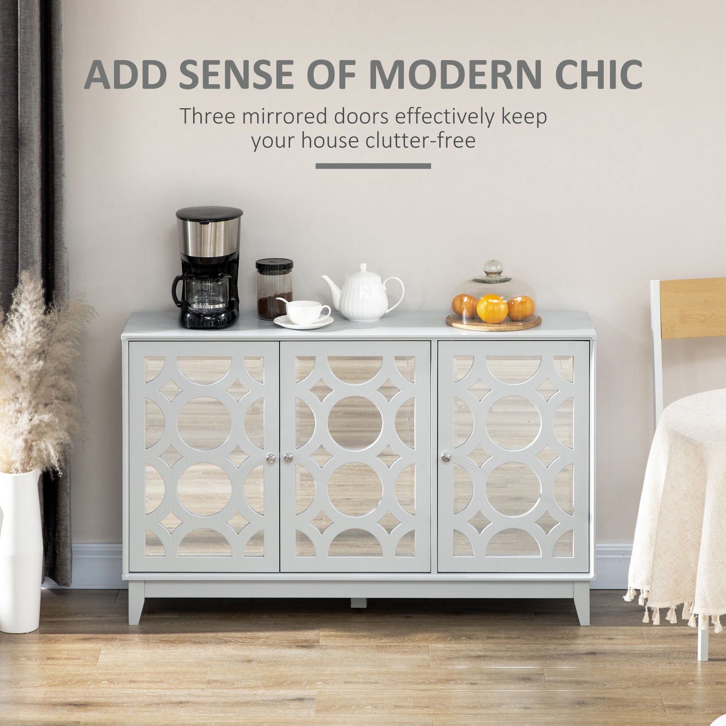HOMCOM Sideboard Kitchen Buffet Table with 3 Mirrored Doors, 2 Cabinets and Adjustable Shelf, Gray