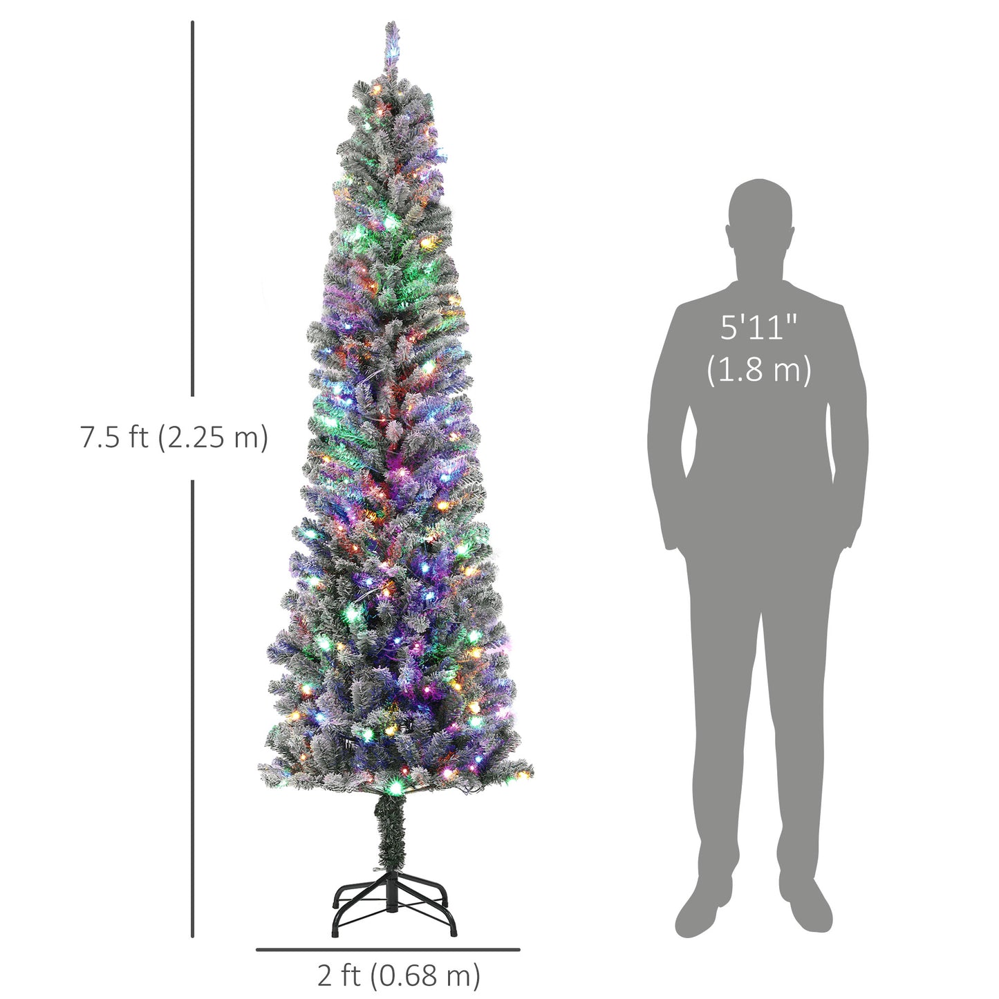 HOMCOM 9ft Prelit Pencil Artificial Christmas Tree, Flocked Xmas Tree with Remote, Dual Colour LEDs, 895 Tips, Metal Stand