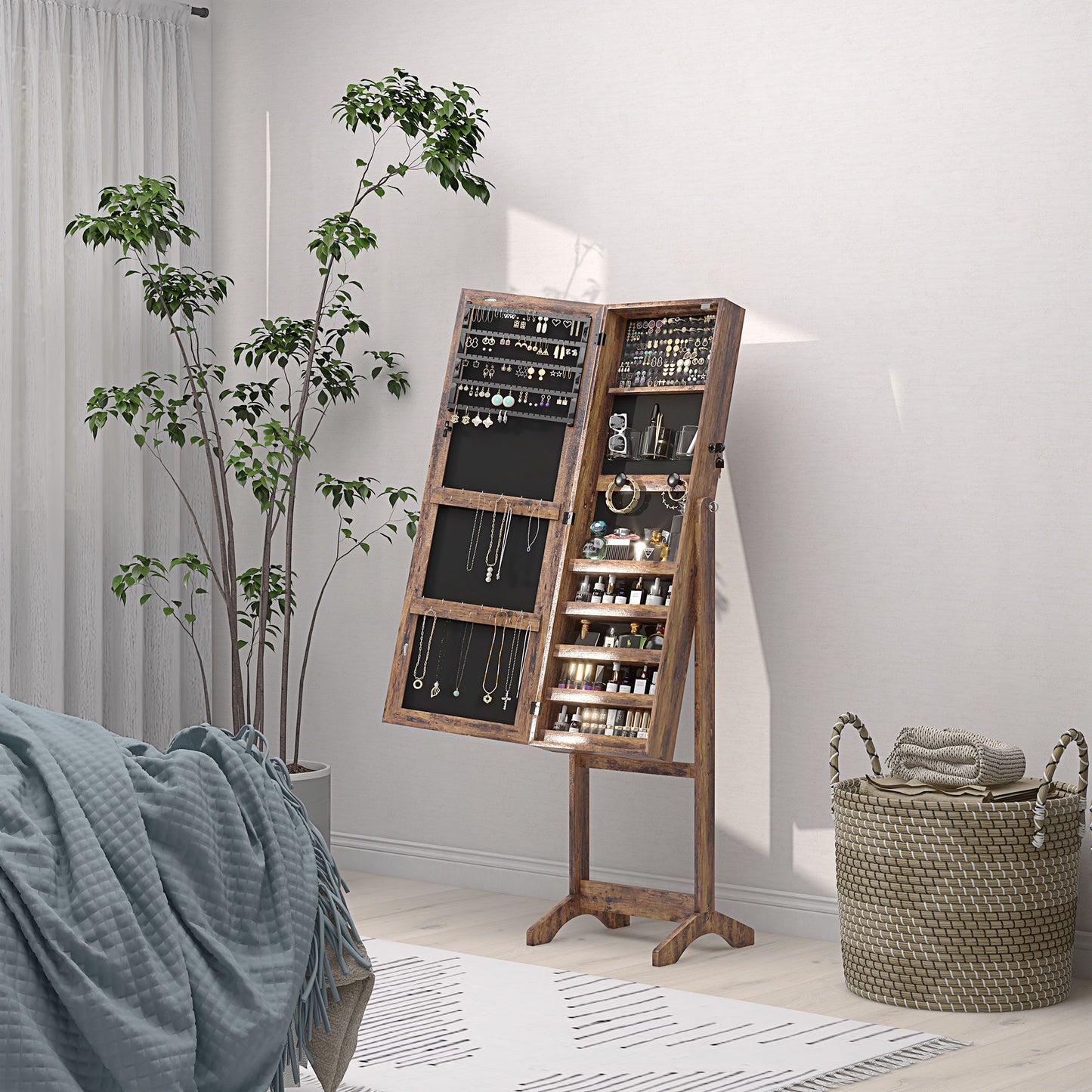 HOMCOM Lockable Jewelry Armoire with LED Light, Standing Mirror with Storage for Bedroom Dressing Room, Rustic Brown