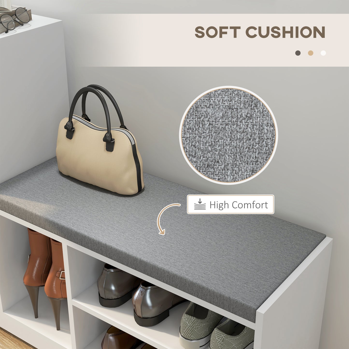 HOMCOM Upholstered Shoe Storage Bench w/ Seat, Entrance Bench w/ Drawer and 6 Open Shelves for Hallway, White