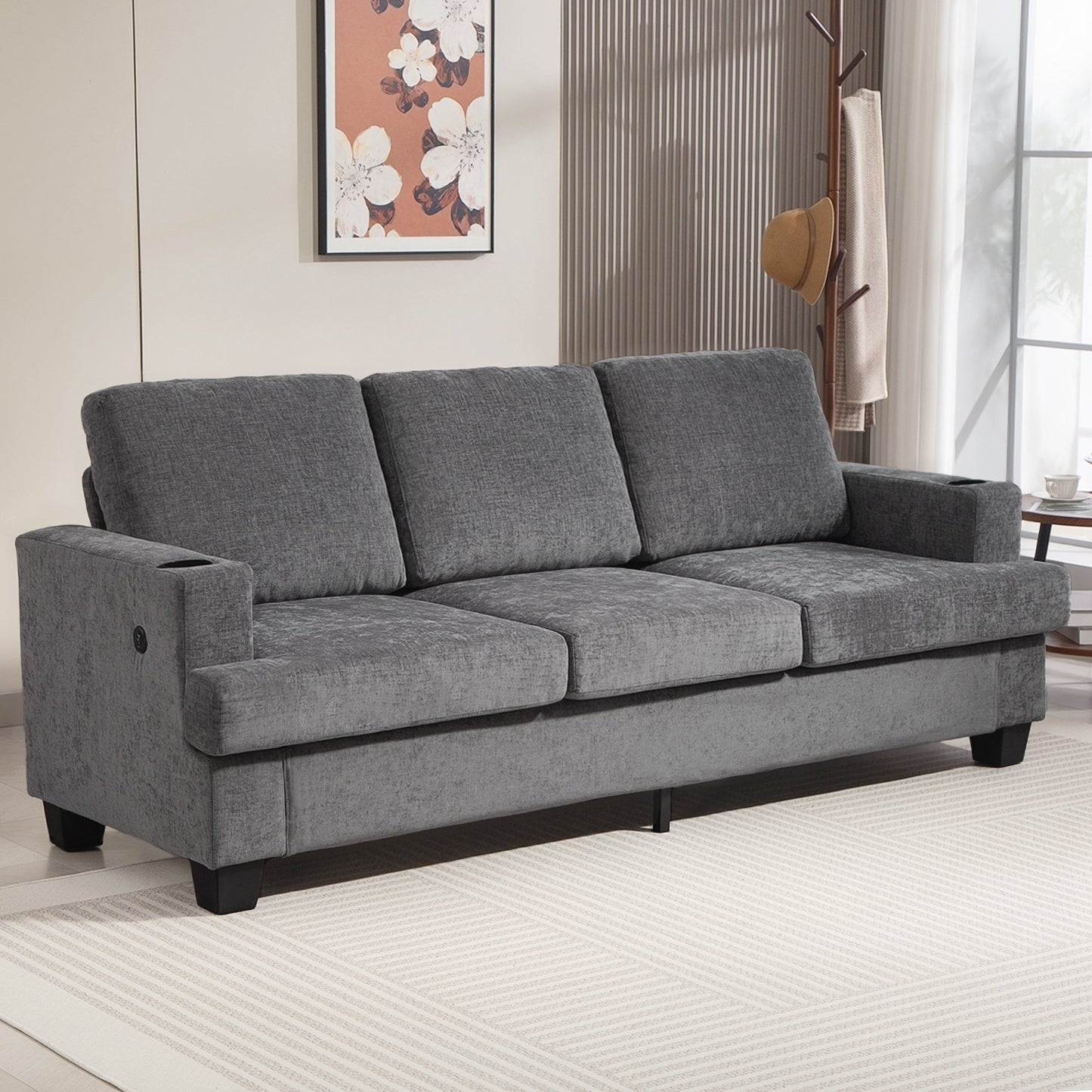 HOMCOM 3 Seater Sofa with USB Ports & Cup Holders, Chenille-Feel Upholstered Couch for Living Room, Light Brown