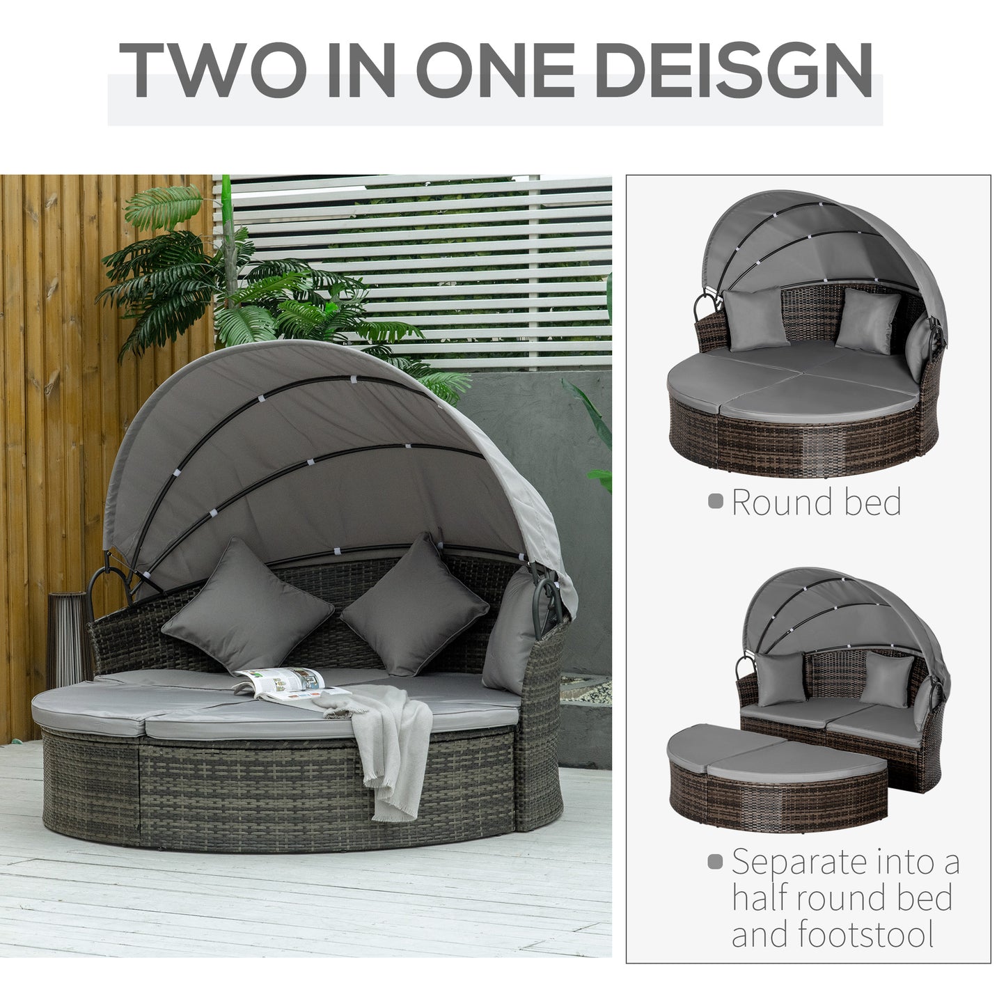 Outsunny 2 Pcs Rattan Outdoor Daybed with Retractable Canopy, Wicker Round Patio Daybed Set with Cushions & Pillows, Mixed Grey