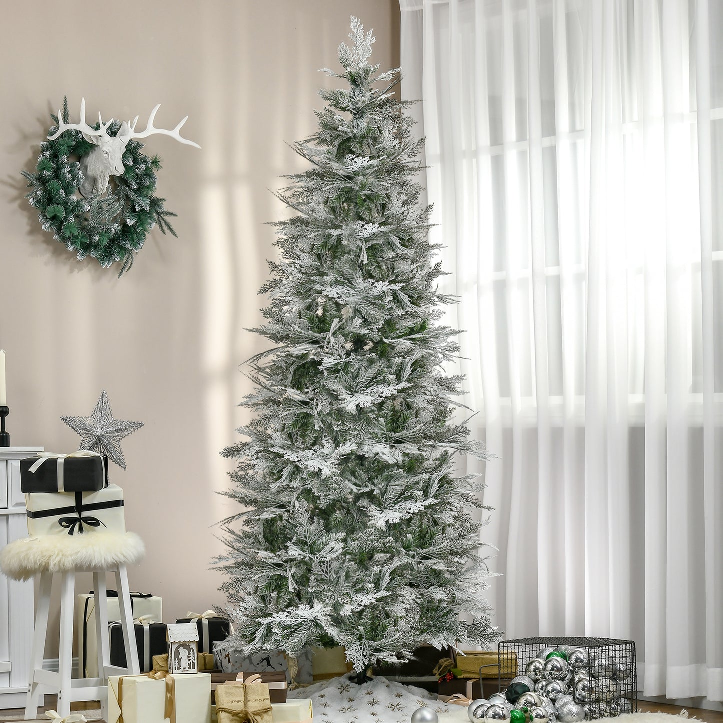 HOMCOM 7.5 Feet Pencil Snow Flocked Artificial Christmas Tree with 880 Realistic Cypress Branches, Auto Open, Green