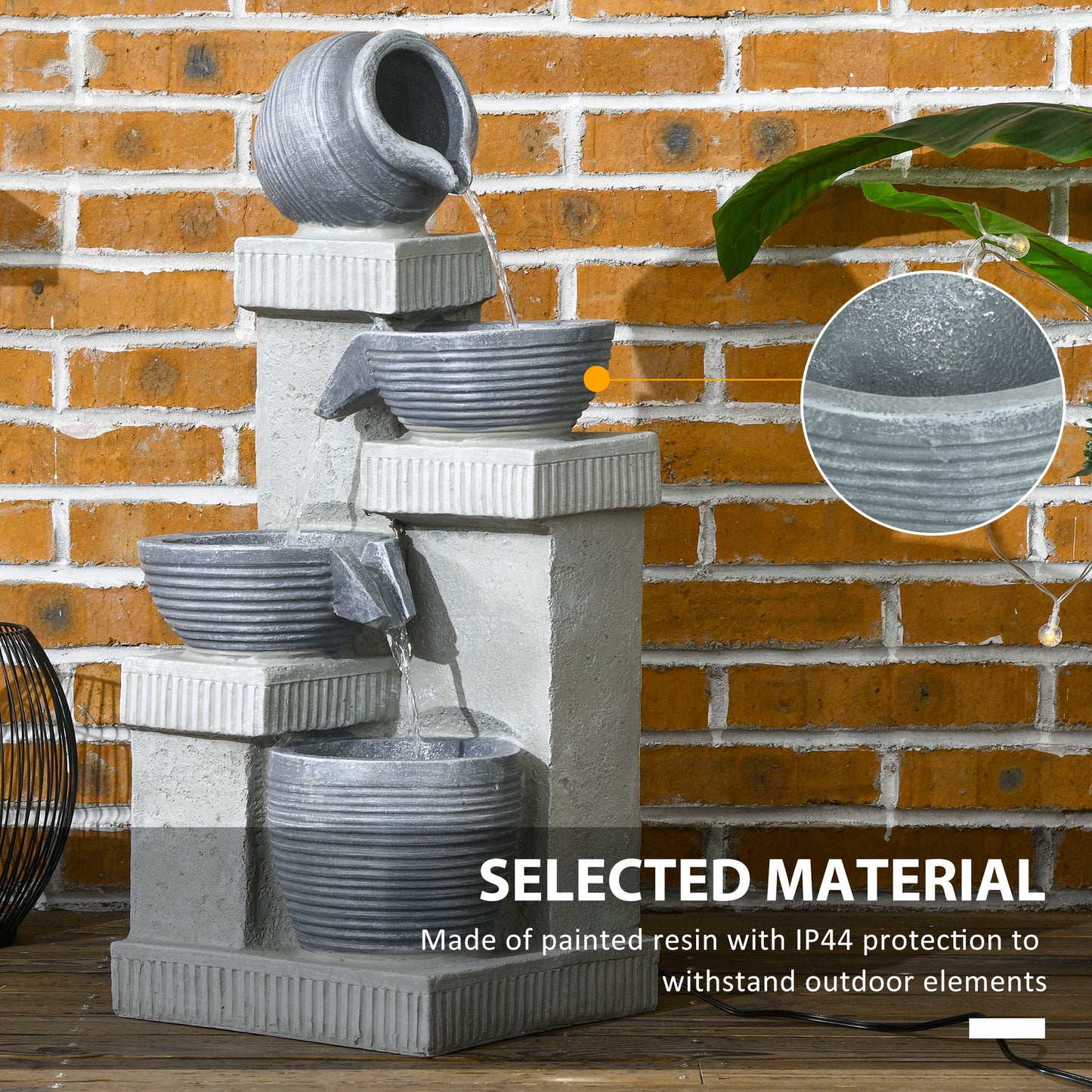 Outsunny 4-Tiered Outdoor Jar and Bowls Water Fountain with LED Lights, Adjustable Flow, 26.4-inch Resin Waterfall Fountain