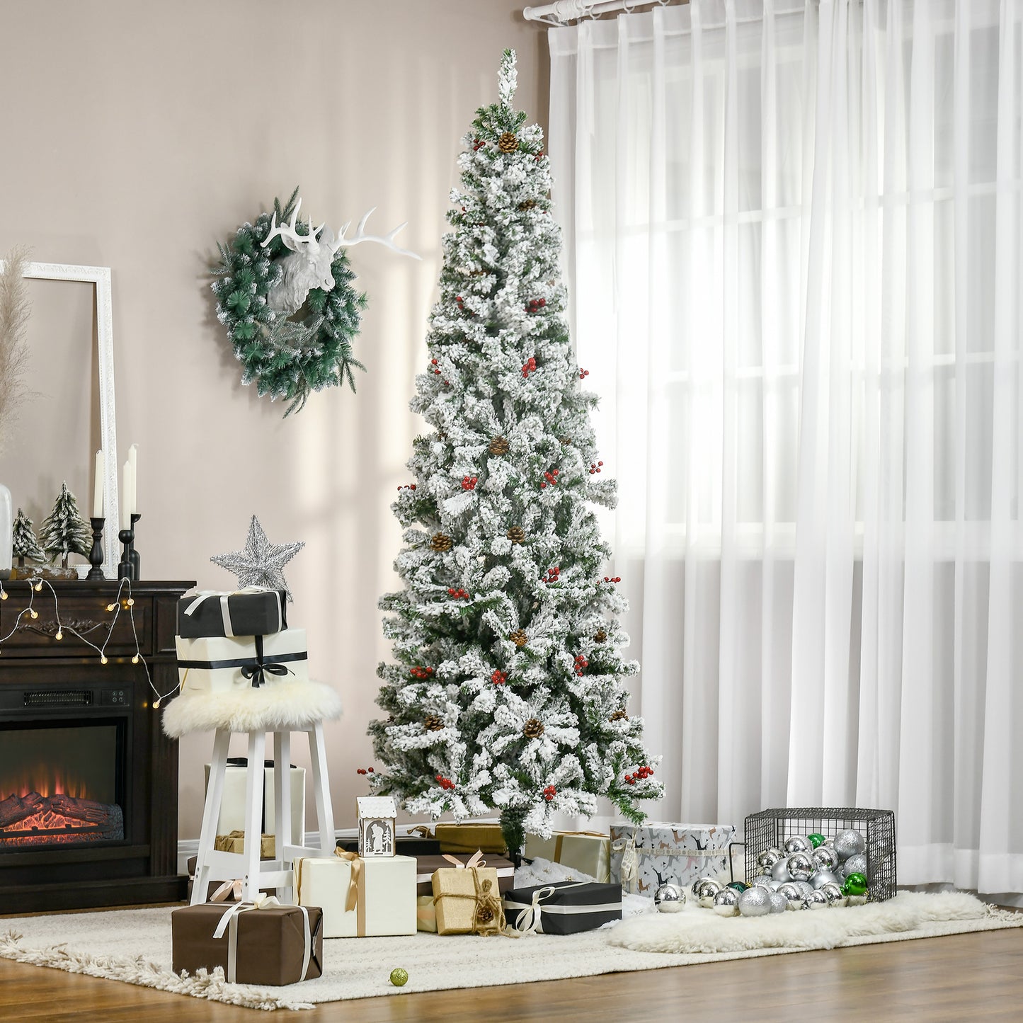 HOMCOM 9-foot Pencil Snow Flocked Artificial Christmas Tree with 1350 Pine Realistic Branches, Pine Cones, Red Berries, Auto Open, Green