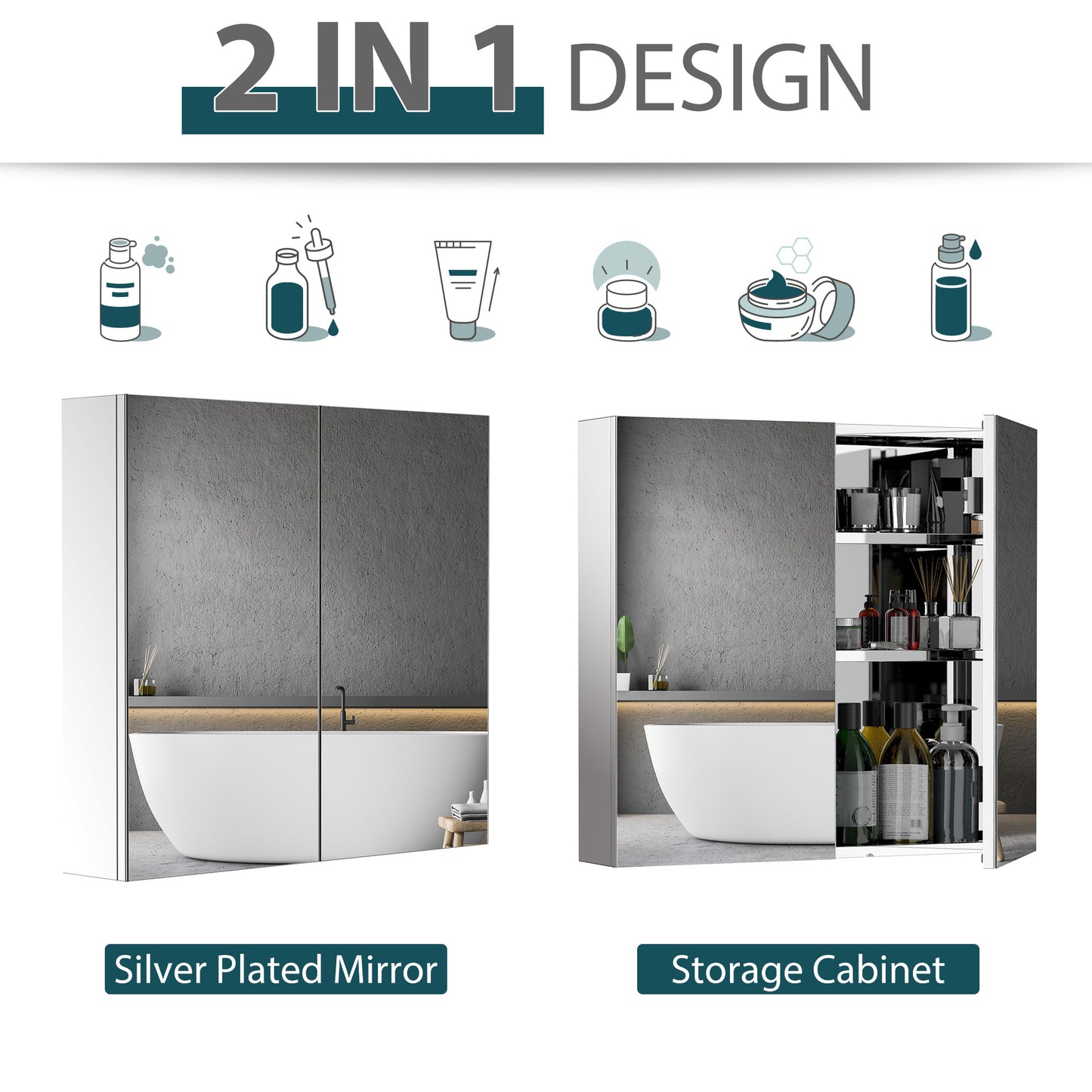 HOMCOM Wall Mounted Mirror Cabinet, Bathroom Medicine Cabinet with Mirror, 2 Doors and 3-tier Shelving, Silver