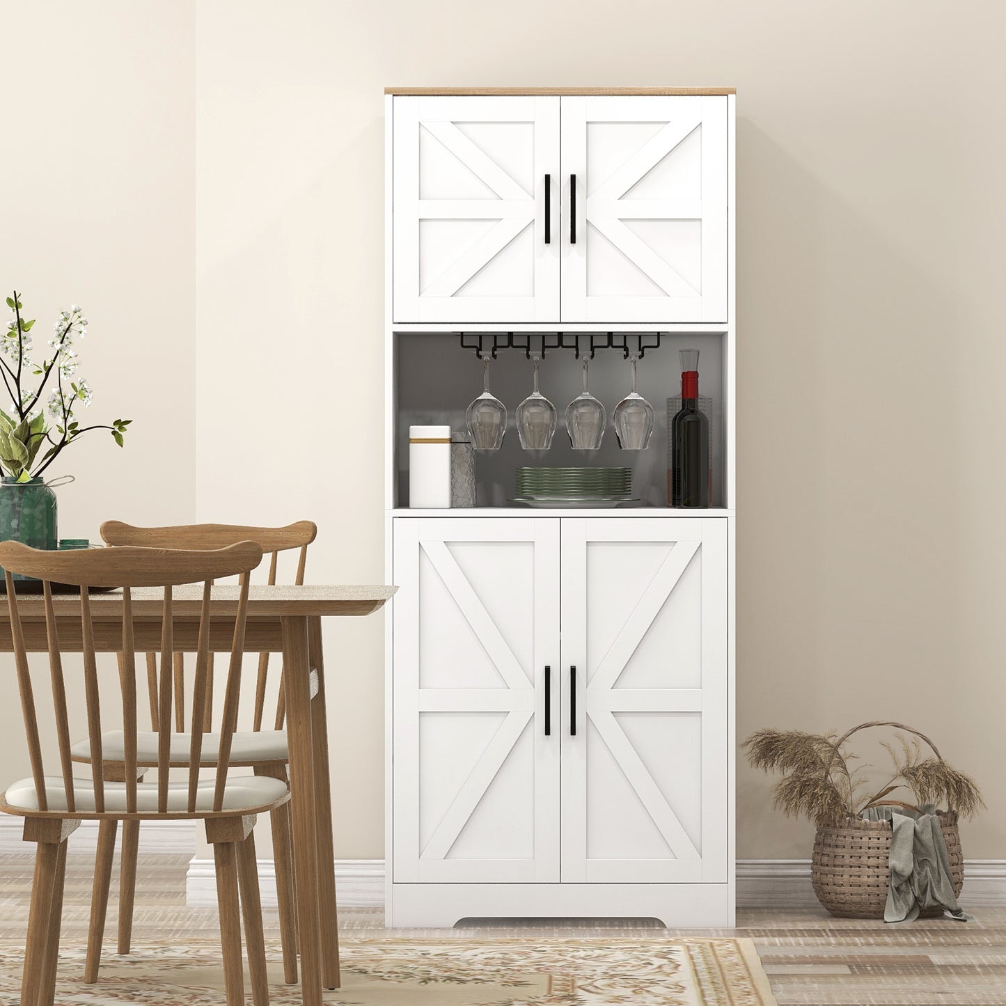 HOMCOM Farmhouse Kitchen Pantry, 68" Freestanding Hutch Storage Cabinet with Microwave Oven Countertop, White