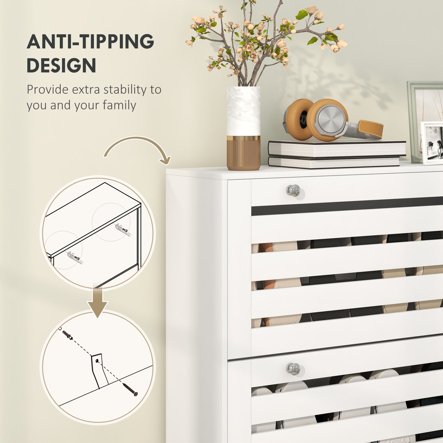 HOMCOM Narrow Shoe Storage Cabinet, 3 Flip Drawers, Adjustable Shelves, 24 Pairs Capacity, White
