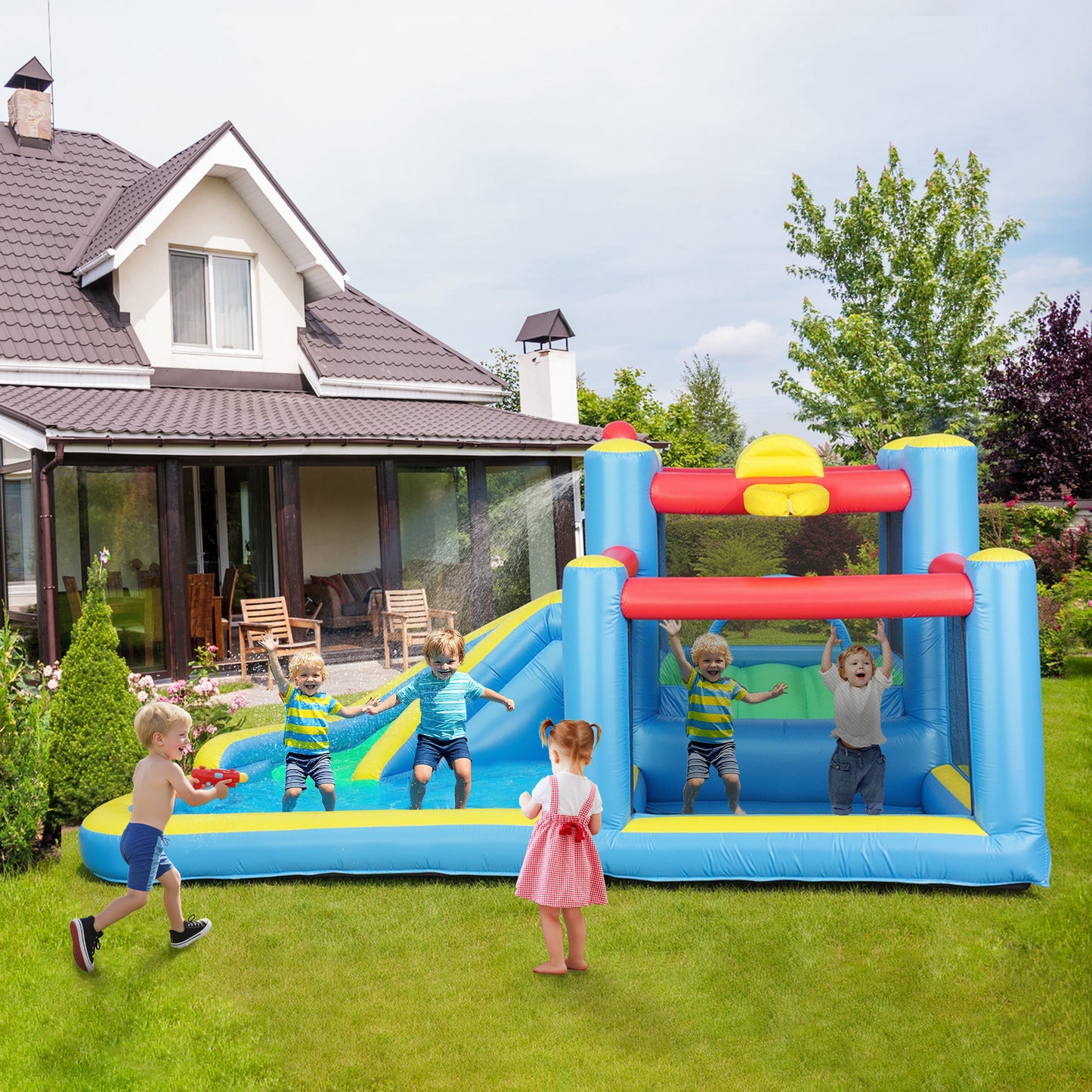 Qaba Bouncy Castle for Kids with 550W Blower, Water Slide, 2 Splash Pools, Basketball Hoop, Dart Board,12.6' x 9.5' x 5.9'