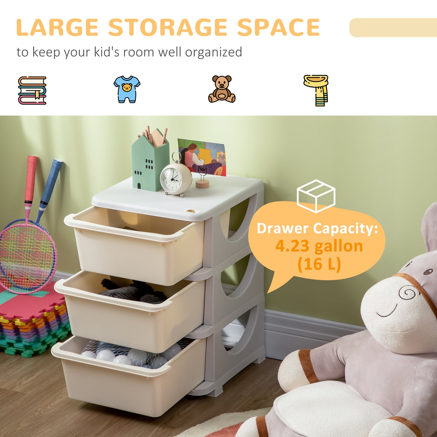 Qaba 3 Tier Kids Toy Organizer and Storage Bins with 3 Plastic Drawers, Blue