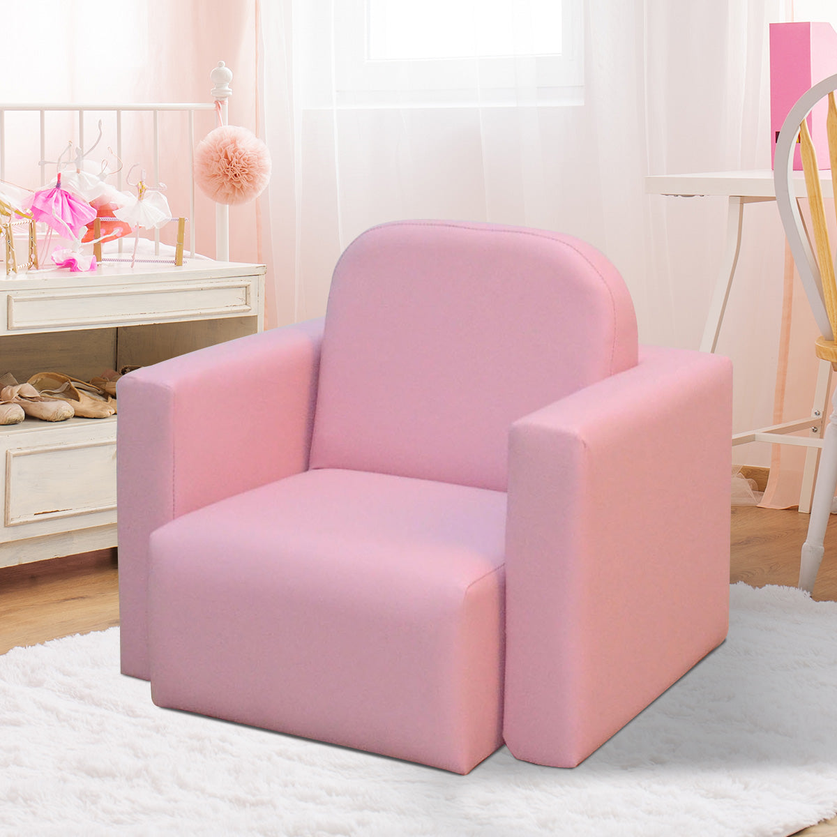 Qaba Kids Sofa, 2-in-1 Multi-Functional Toddler Table and Chair, Children Armchair Sturdy Couch for 3-9 Years Old, Pink