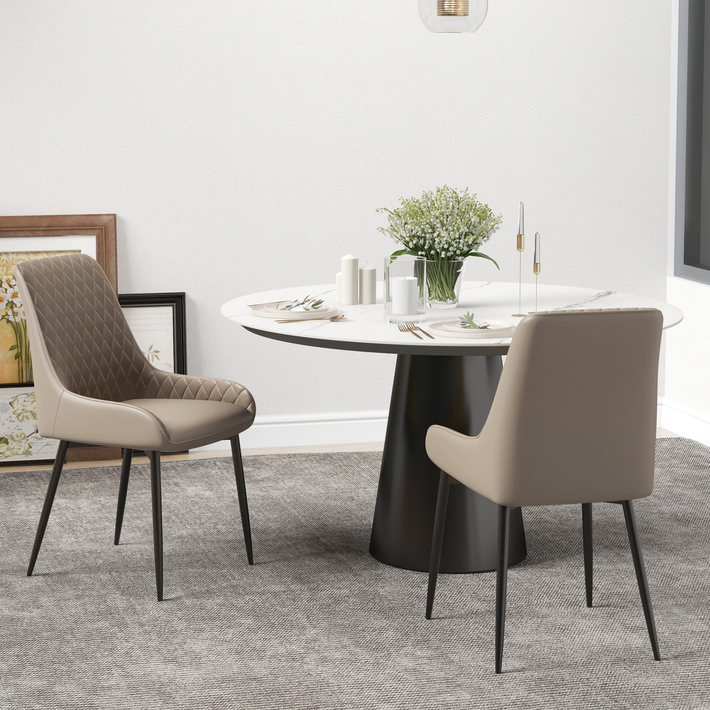 HOMCOM Upholstered Kitchen Chairs, Modern Dining Chairs Set of 2 with Diamond Tufting and Steel Legs for Dining Room, Black