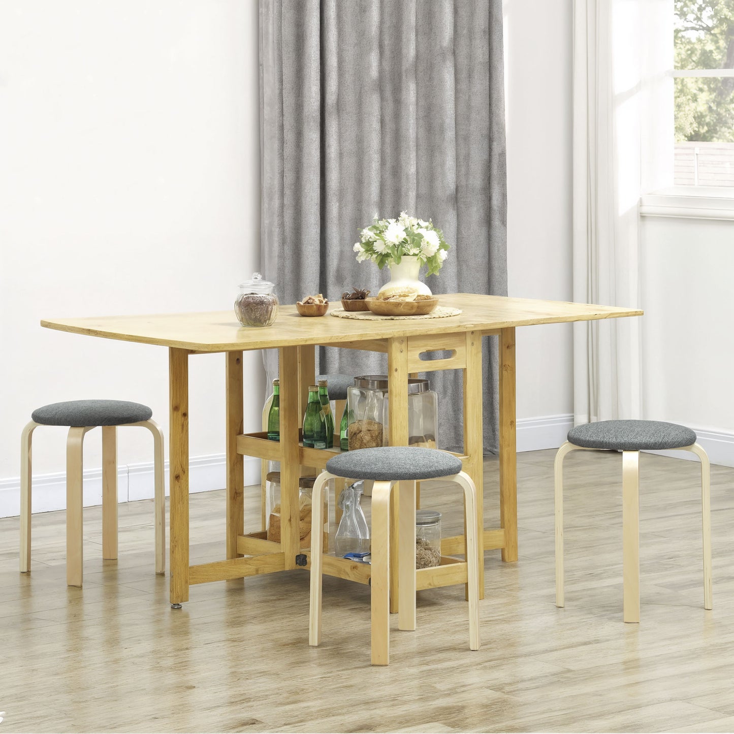 HOMCOM Stackable Wood Stools Set of 4, Stacking Kitchen Stools with Padded Seat for Dining Room, Living Room, Cream White