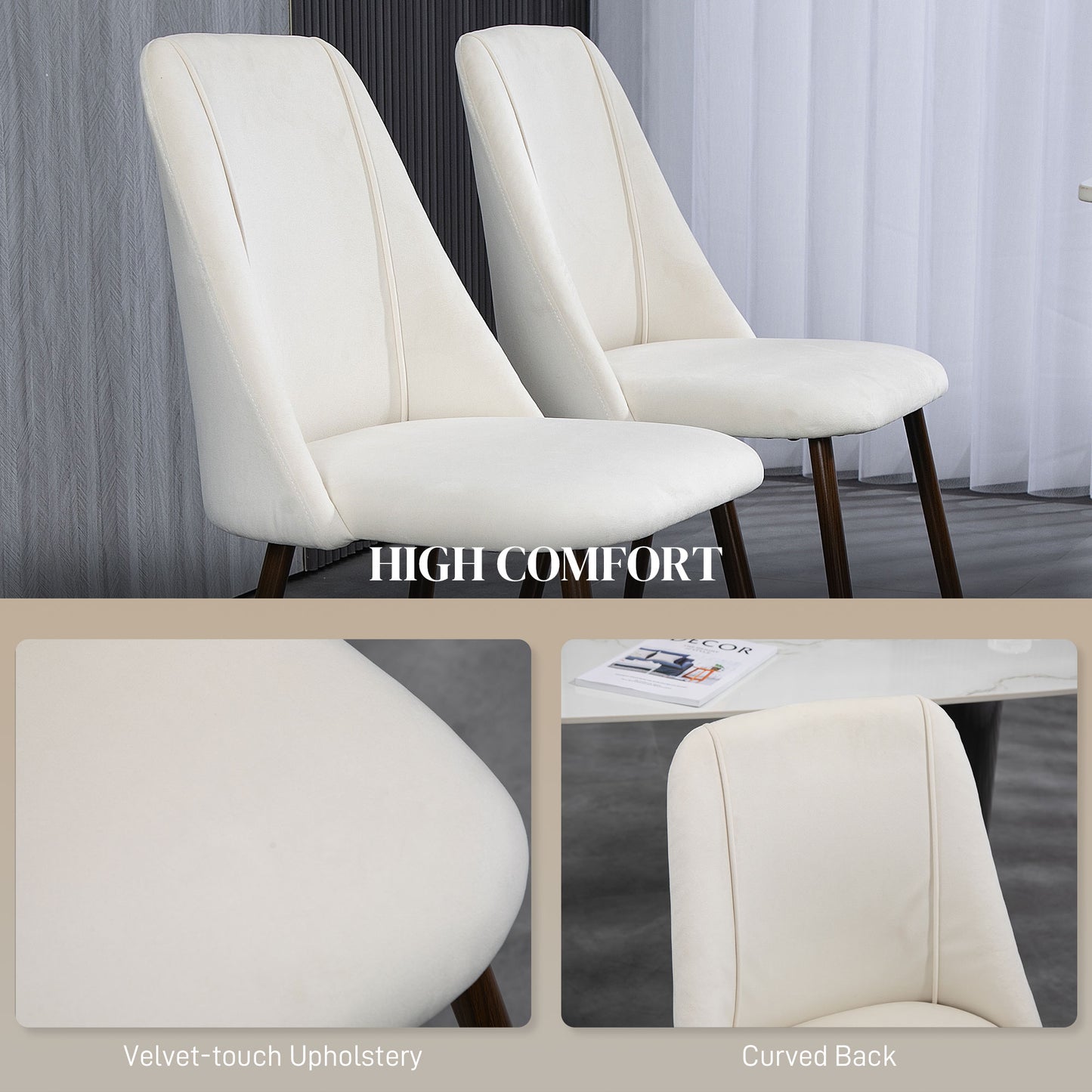 HOMCOM Upholstered Dining Chairs Set of 4, Velvet Accent Chair with Back and Wood-grain Steel Leg for Kitchen, Grey