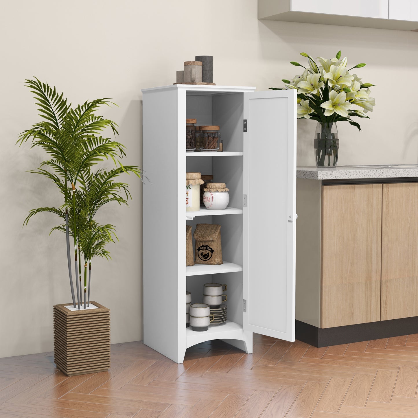 HOMCOM 48" Kitchen Pantry Storage Cabinet, Single Door Kitchen Cabinet with 4 Tier Shelving and Adjustable Shelves, White