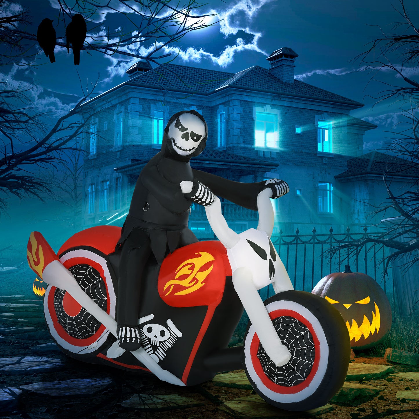 HOMCOM 6' Long Halloween Grim Reaper Flaming Motorcycle Outdoor LED Lighted Airblown Inflatable Decoration Holiday Seaon Garden Lawn Decor